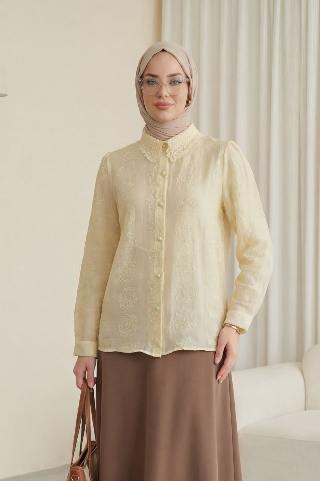 Lace Collar Patterned Jacquard Blouse - Beige - Podyumplus - by Peralane - photo 4