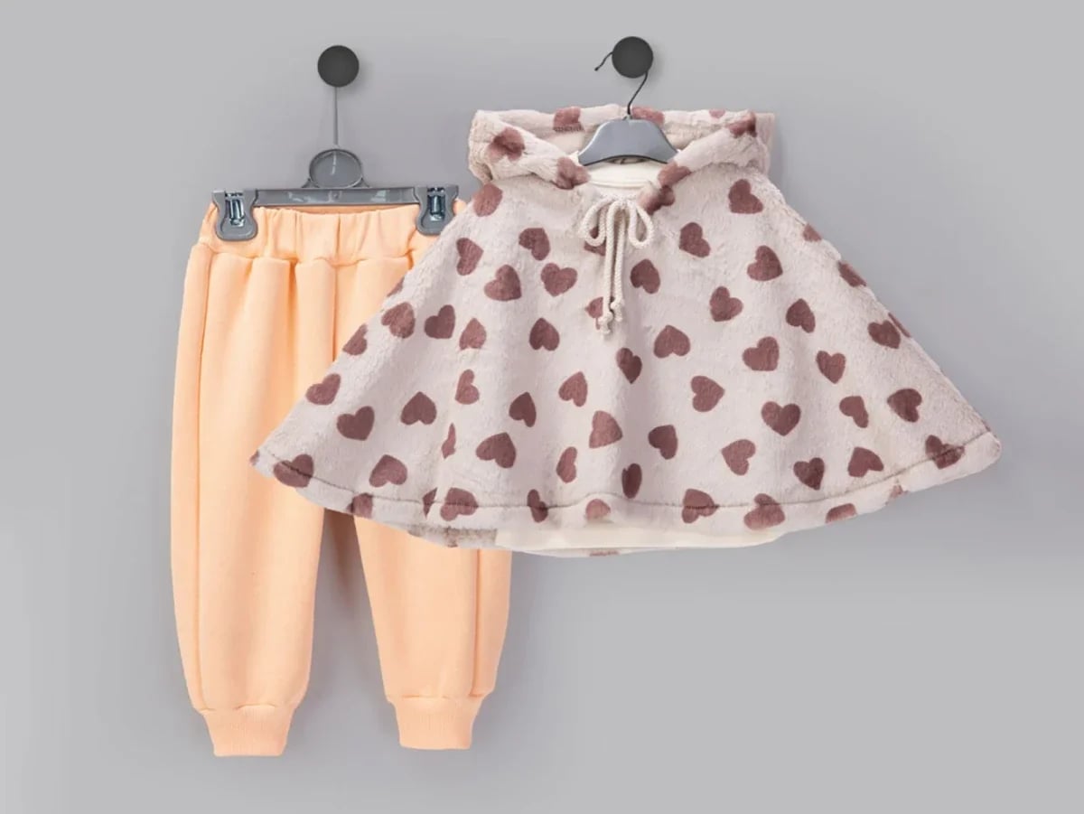 Heart Pattern Fleece Baby Girl Cape and Pants Set - Dusty Pink - Beyaz Bebek - by Peralane