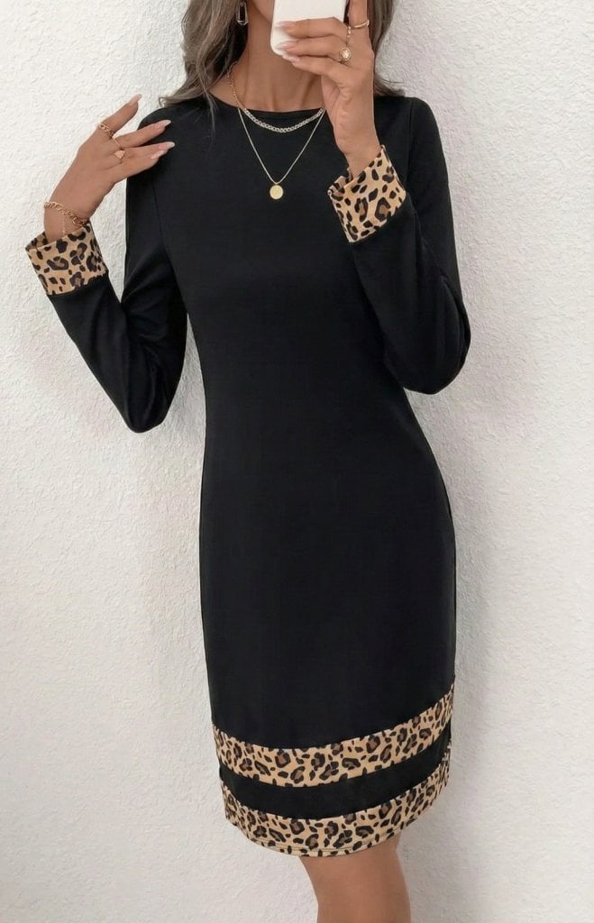 Women's Long Sleeve Crew Neck Mini Dress with Leopard Print Accents - Janes - by Peralane - photo 4