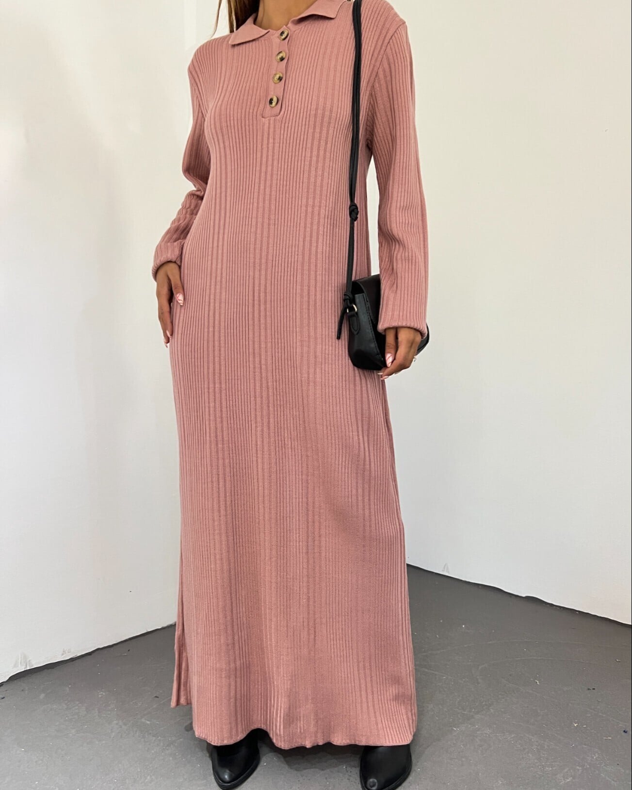 Polo Collar Buttoned Knit Dress - Dusty Rose - Podyumplus - by Peralane - photo 3