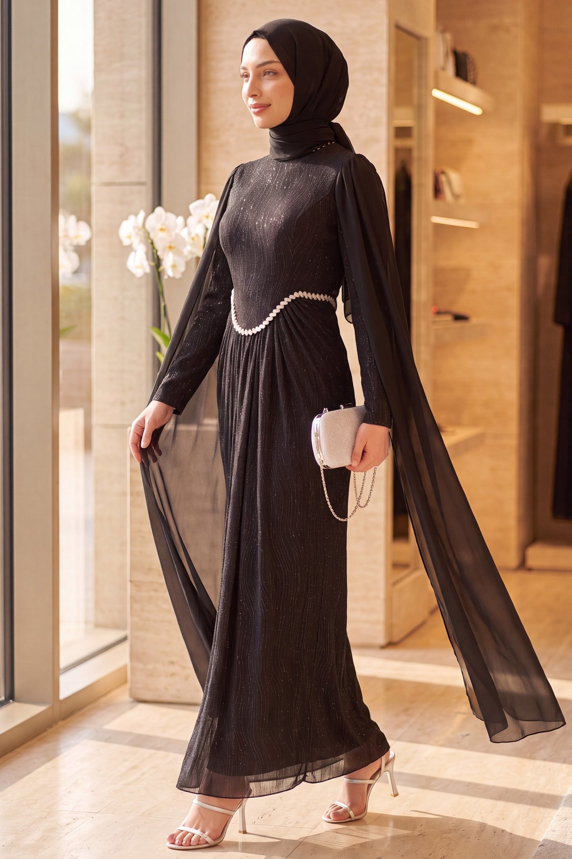 Black Sequin Jersey Evening Dress with High Neck and Cape Sleeves - Podyumplus - by Peralane - photo 5