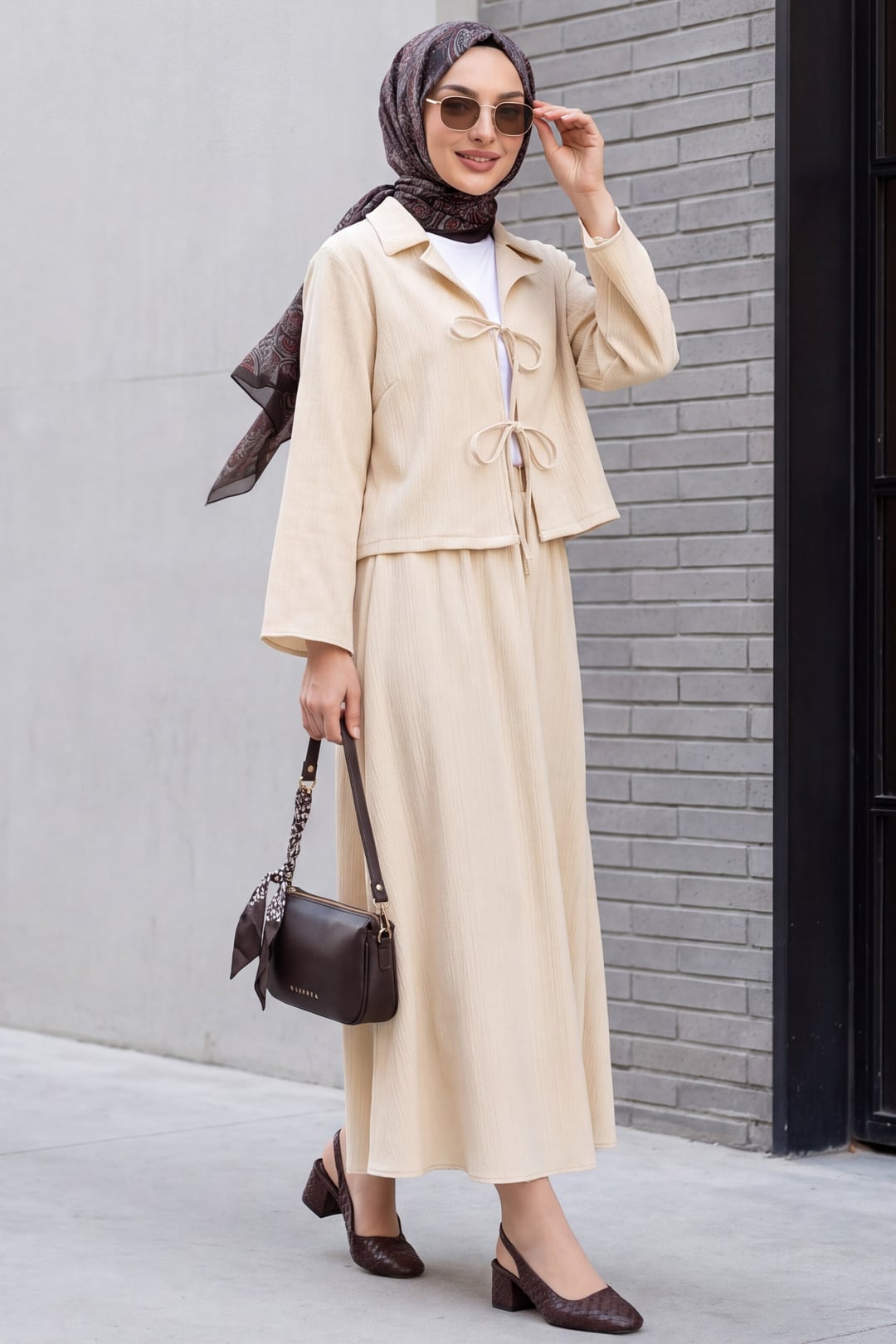 Front-Tie Crinkle Two-Piece Modest Set with Skirt - Beige - Podyumplus - by Peralane - photo 4