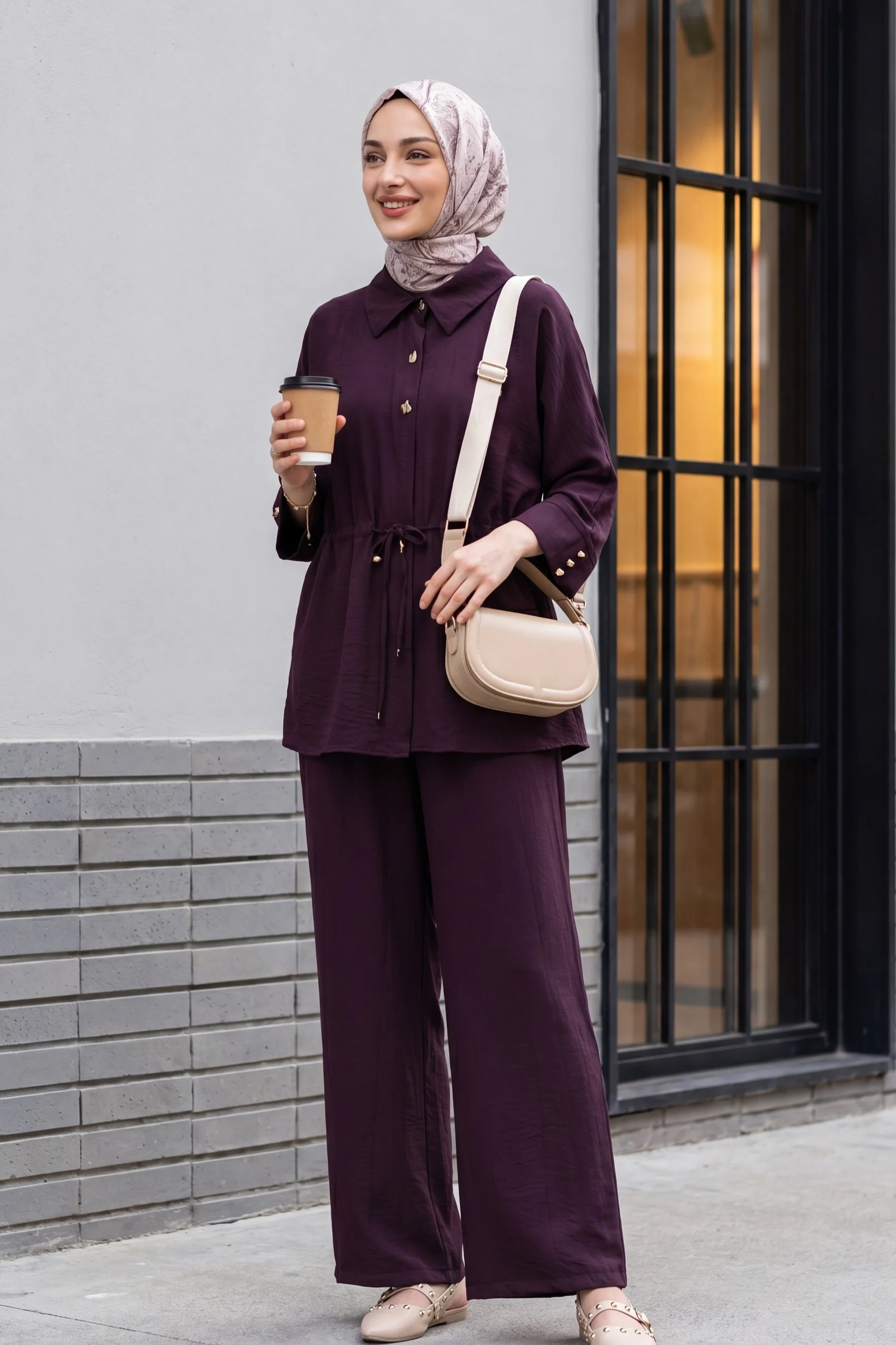 Tunnel Drawstring Waist Wide-Leg Trousers and Long-Sleeve Top Set - Plum - Podyumplus - by Peralane - photo 4