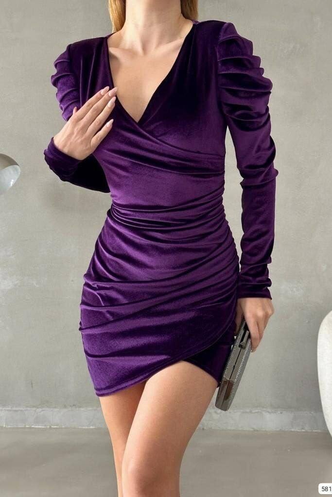 Plisse Shoulder Wrap Velvet Dress - Purple - Podyumplus - by Peralane