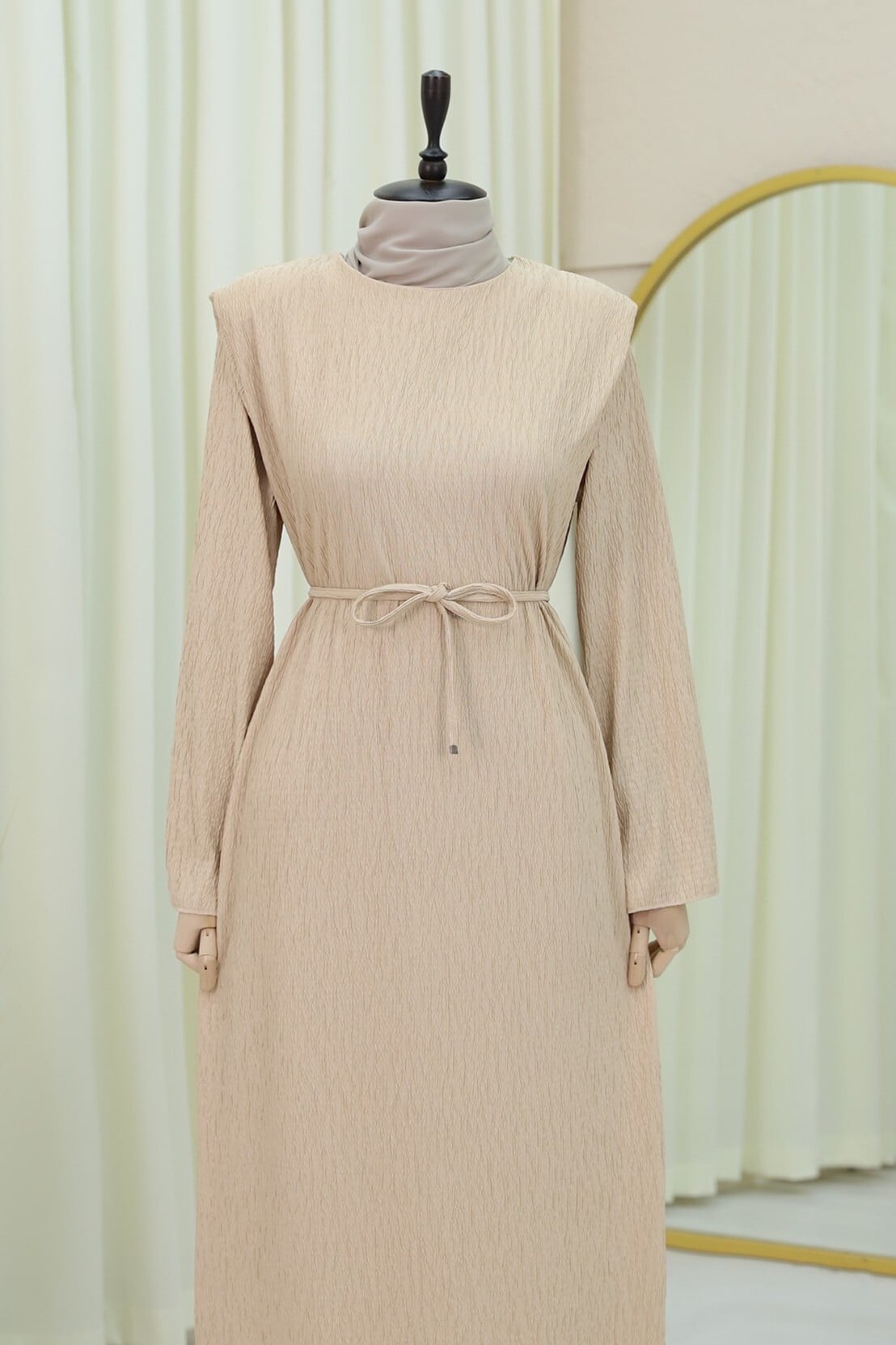 Beige Textured Long-Sleeve Dress with Drawstring Waist - Podyumplus - by Peralane - photo 7