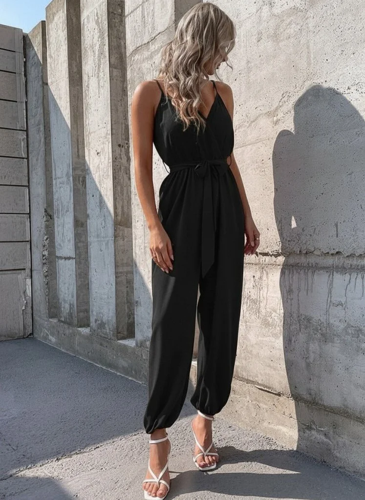 Women's Sleeveless Wrap Jumpsuit with Belt - Black - Janes - by Peralane - photo 4