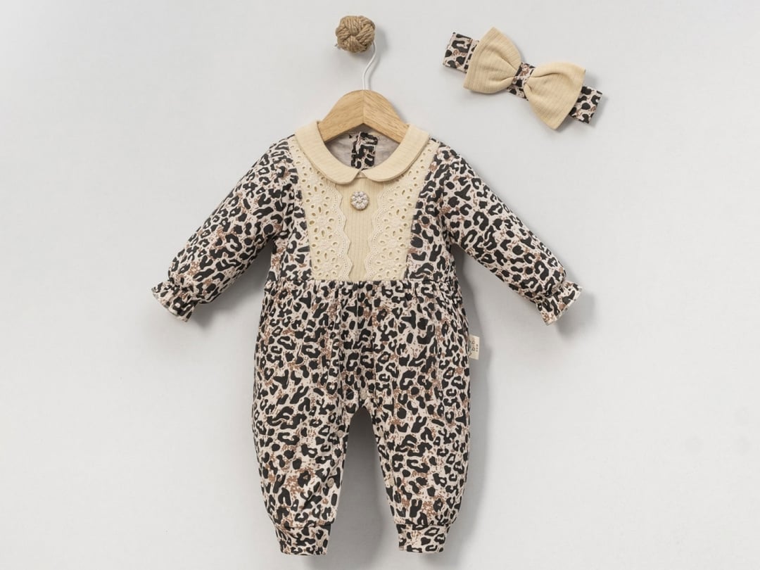 Leopard Print Baby Romper with Headband – Brown - Cayzen - by Peralane