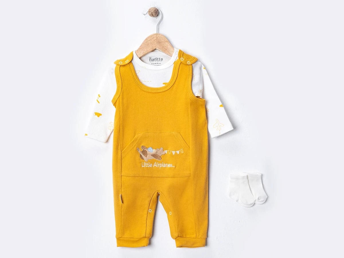 Baby Boys' Airplane Print Romper Set with Socks - Mustard - Nafitto - by Peralane