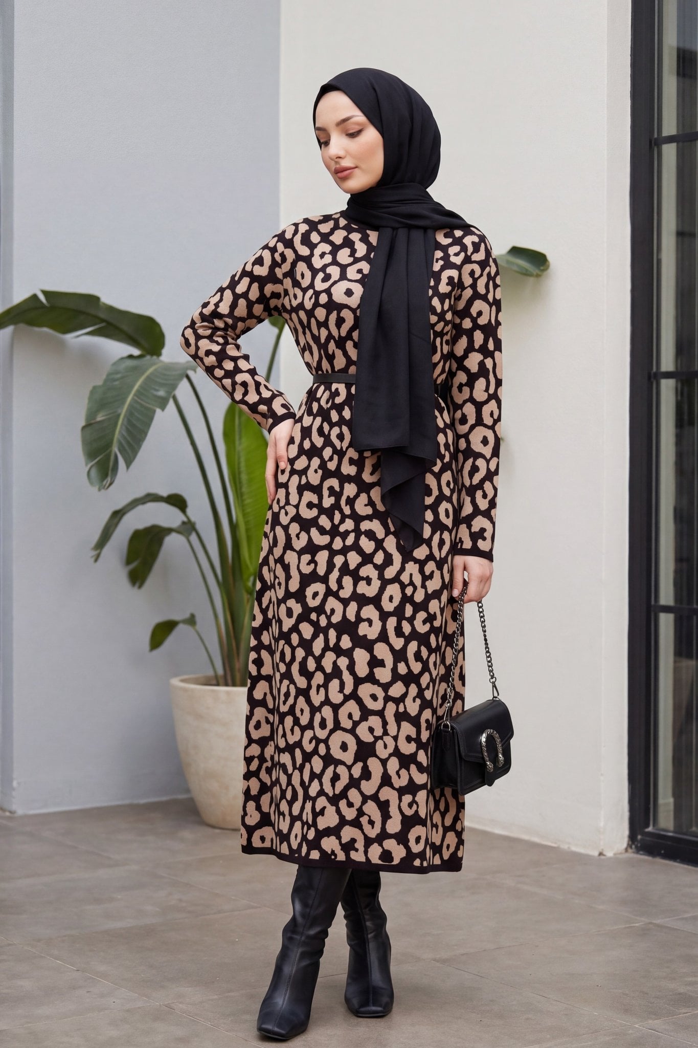 Round Neck Patterned Knit Dress - Black - Podyumplus - by Peralane - photo 6