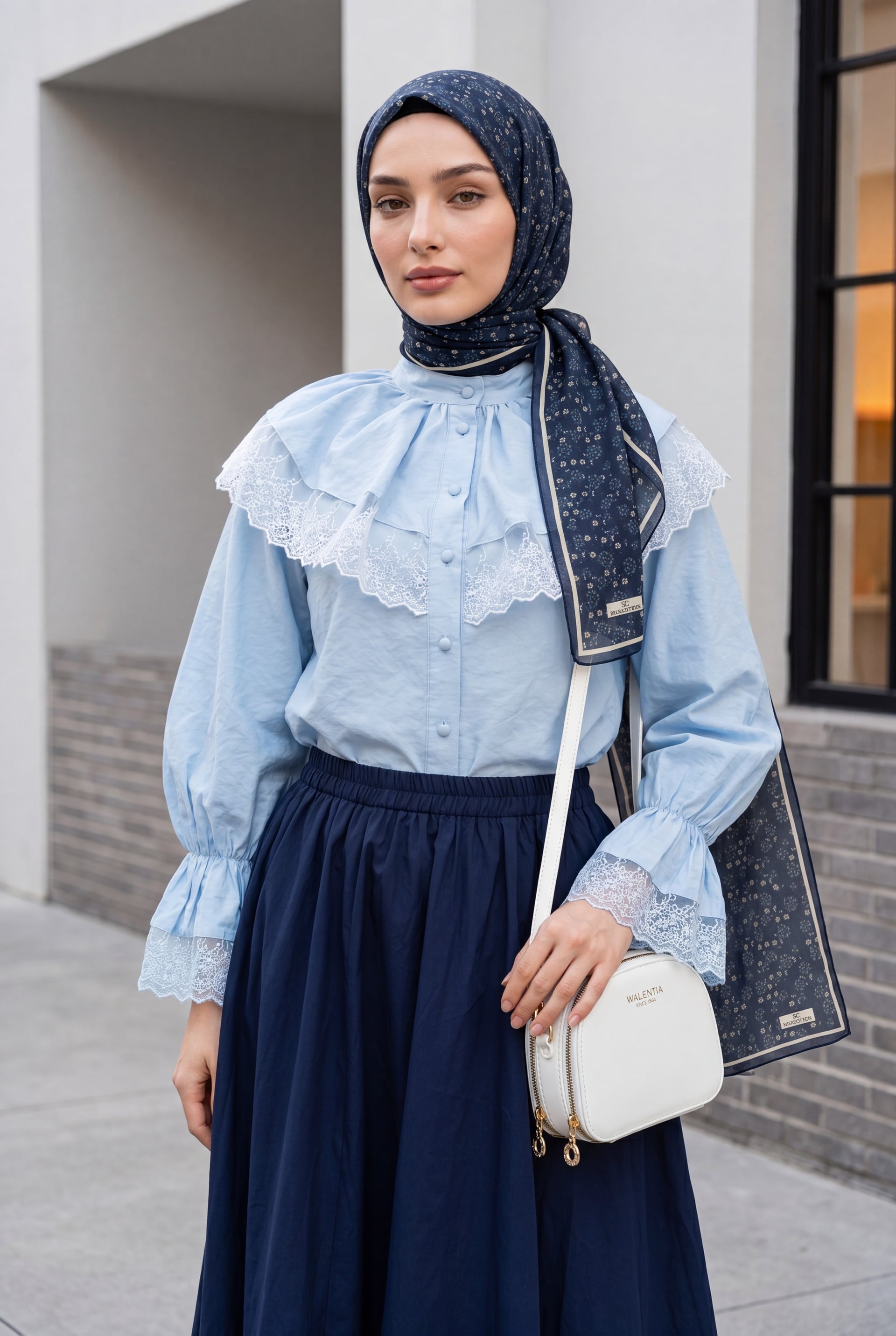 Mandarin Collar, Elasticated Sleeves, Lace Detail, Buttoned Modal Blouse - Baby Blue - Podyumplus - by Peralane - photo 5