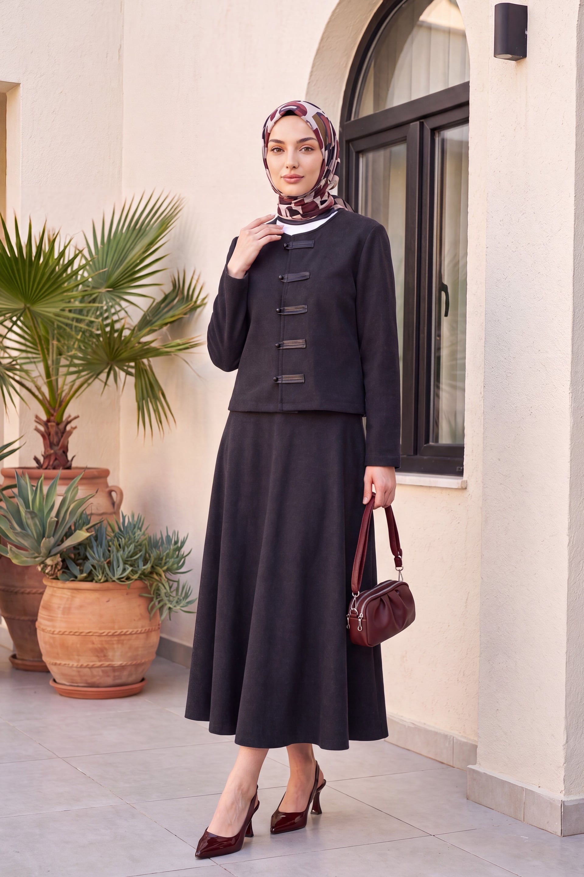 Leather Detail Button Front Skirt Suit in Anthracite - Podyumplus - by Peralane - photo 2