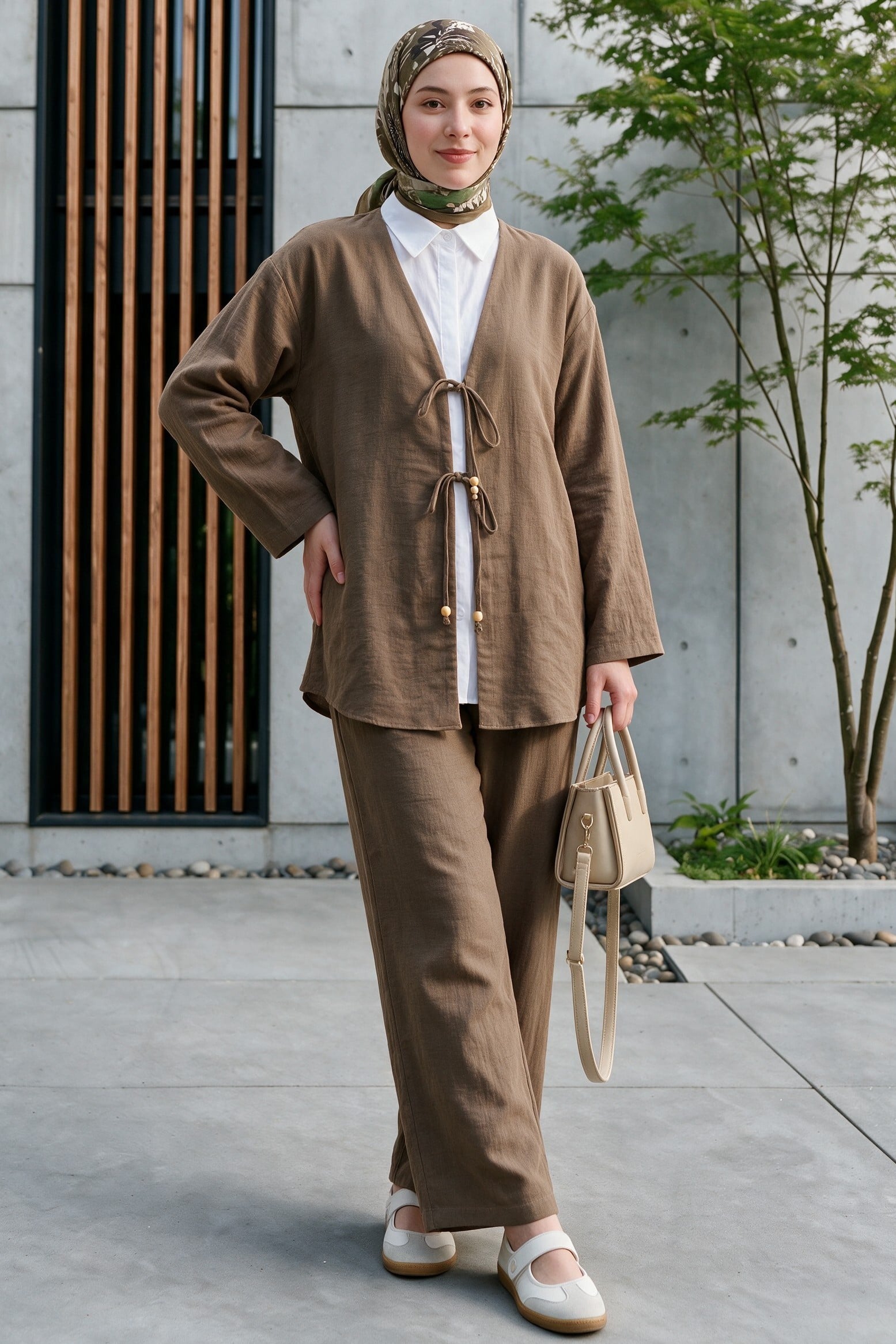 Double Tie-Front Kimono Set with Trousers - Light Brown - Podyumplus - by Peralane