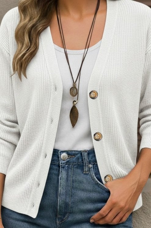 White Ribbed Knit Cardigan with Button Front - Janes - by Peralane - photo 2