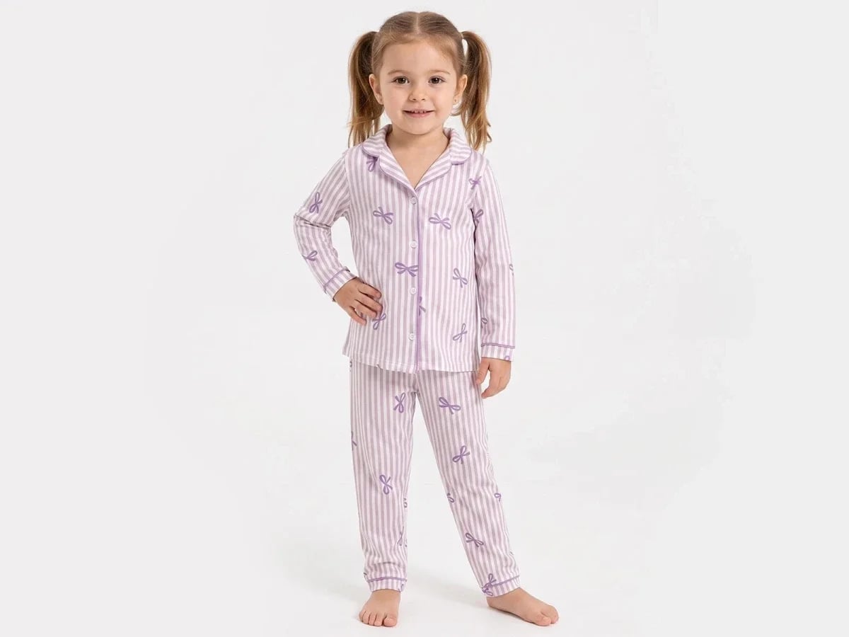 Bow Print Girls' Pajama Set - Light Purple Striped - Dolas - by Peralane