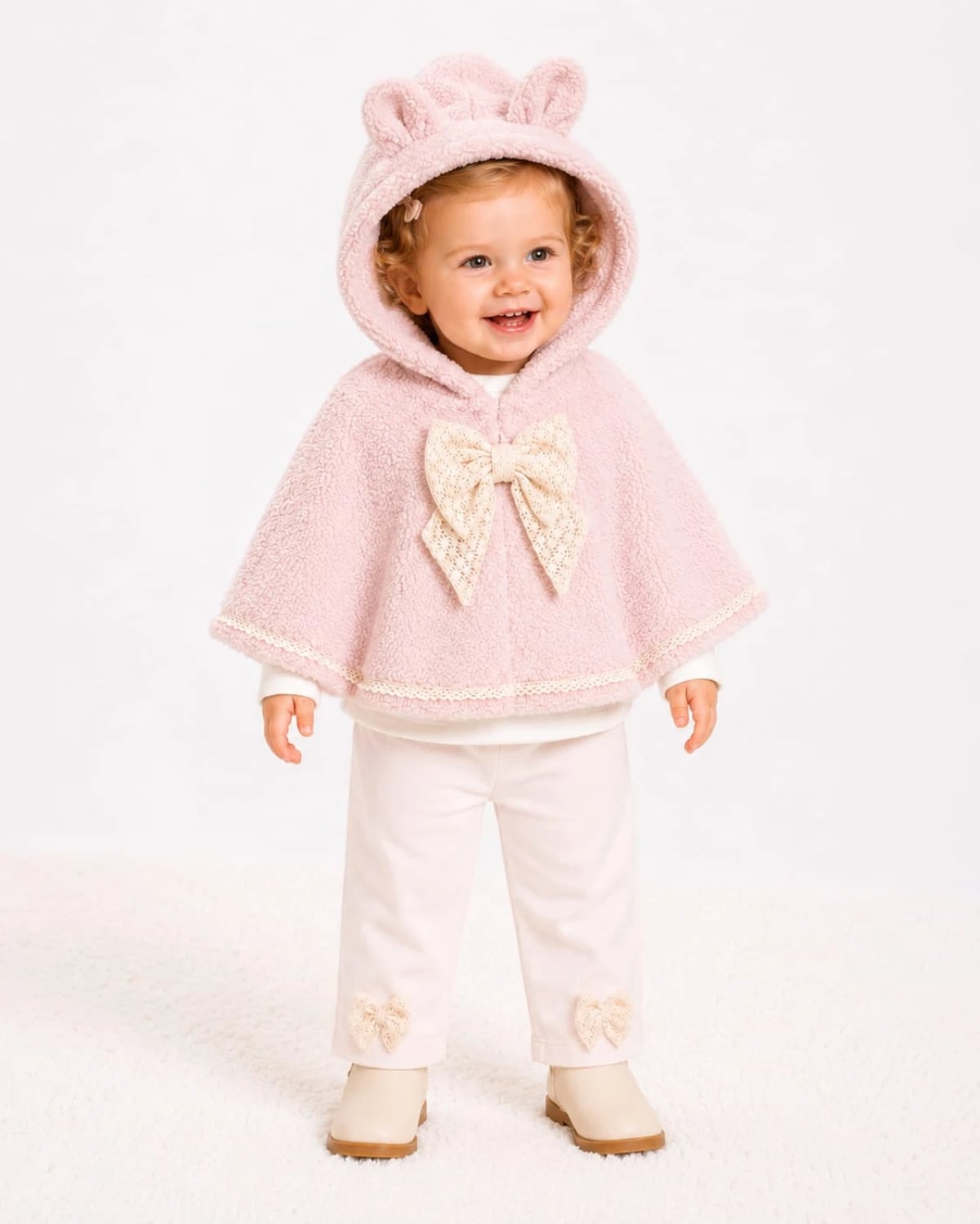 Baby Girl's Hooded Cape and Trousers Set - Pink - Serkon Baby - by Peralane