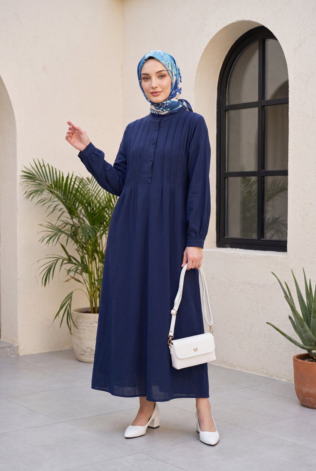 Navy Blue Half Button Muslin Dress with Ribbed Front - Podyumplus - by Peralane