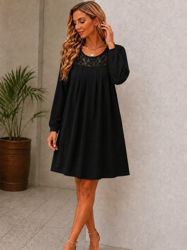 Women's Long-Sleeved Round Neck Lace Pleated Short Crepe Dress - Janes - by Peralane - photo 2