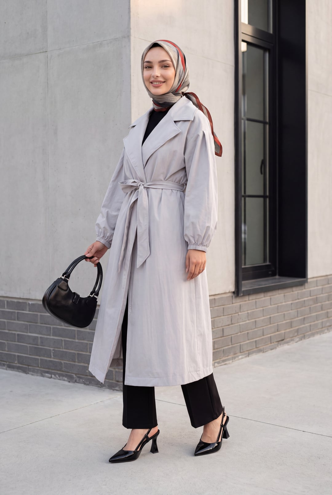 Light Grey Belted Lined Trench Coat with Elastic Cuffs - Podyumplus - by Peralane