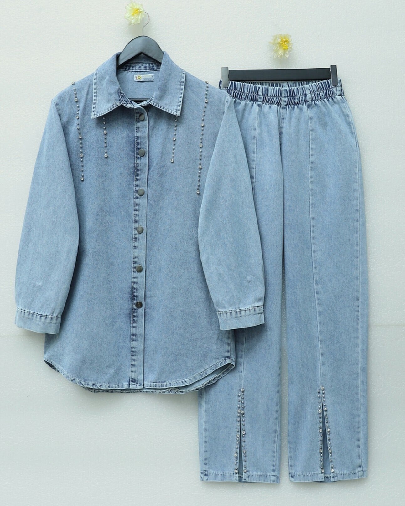 Stone Detailed Split Hem Two-Piece Denim Set - Ice Blue - Podyumplus - by Peralane - photo 9