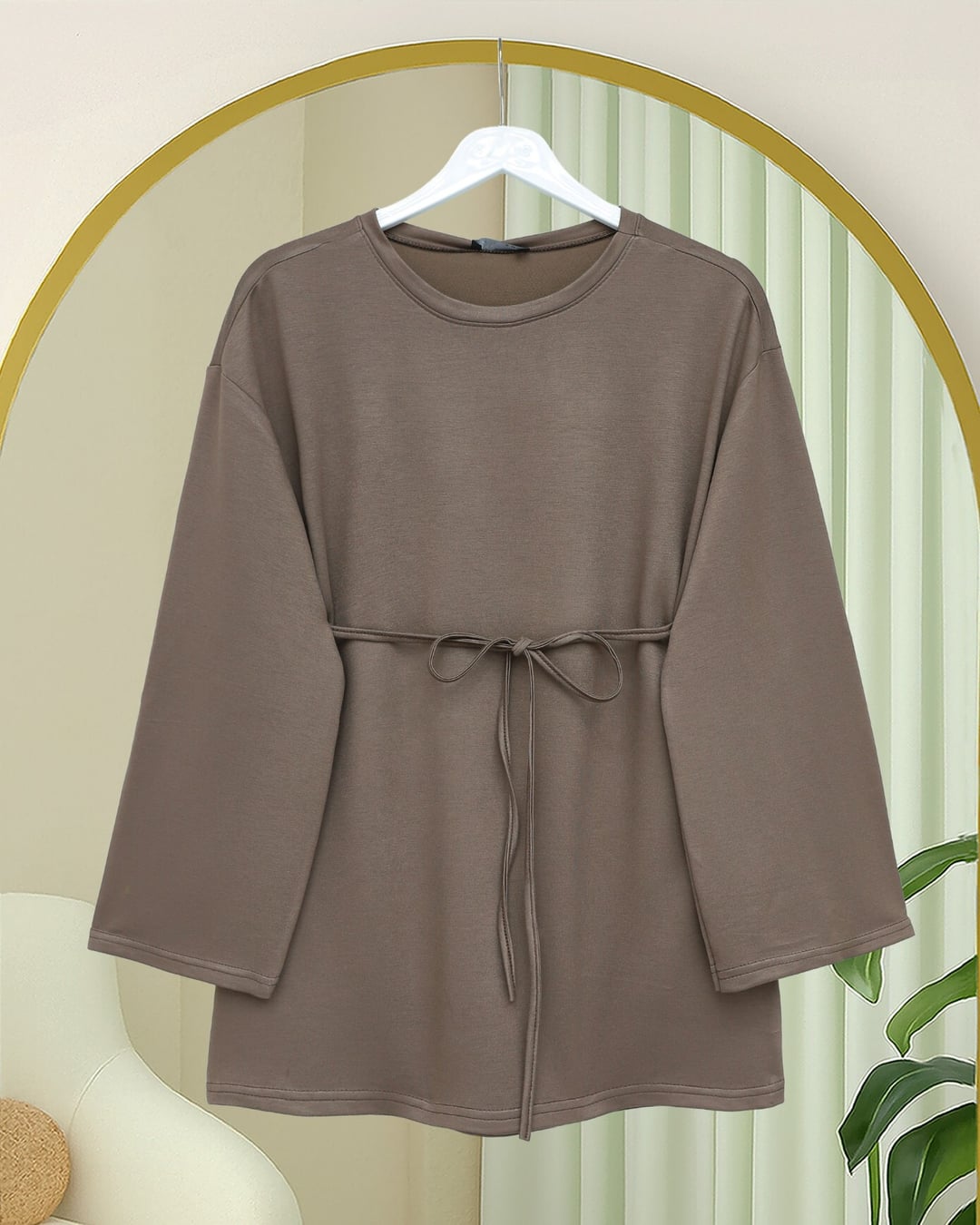 Round Neck Tie-Waist Knit Tunic - Light Brown - Podyumplus - by Peralane - photo 2