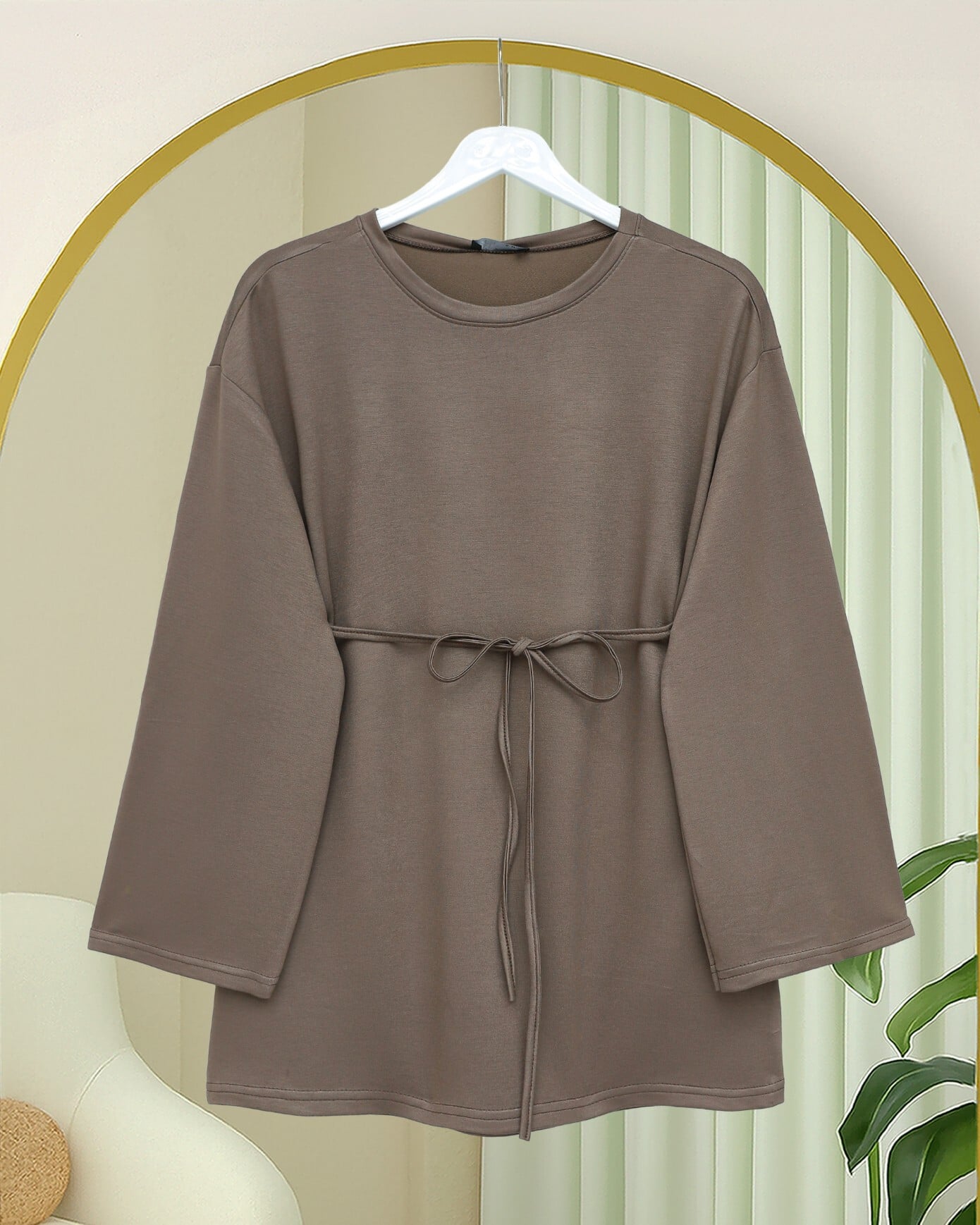 Round Neck Tie-Waist Knit Tunic - Light Brown - Podyumplus - by Peralane - photo 2