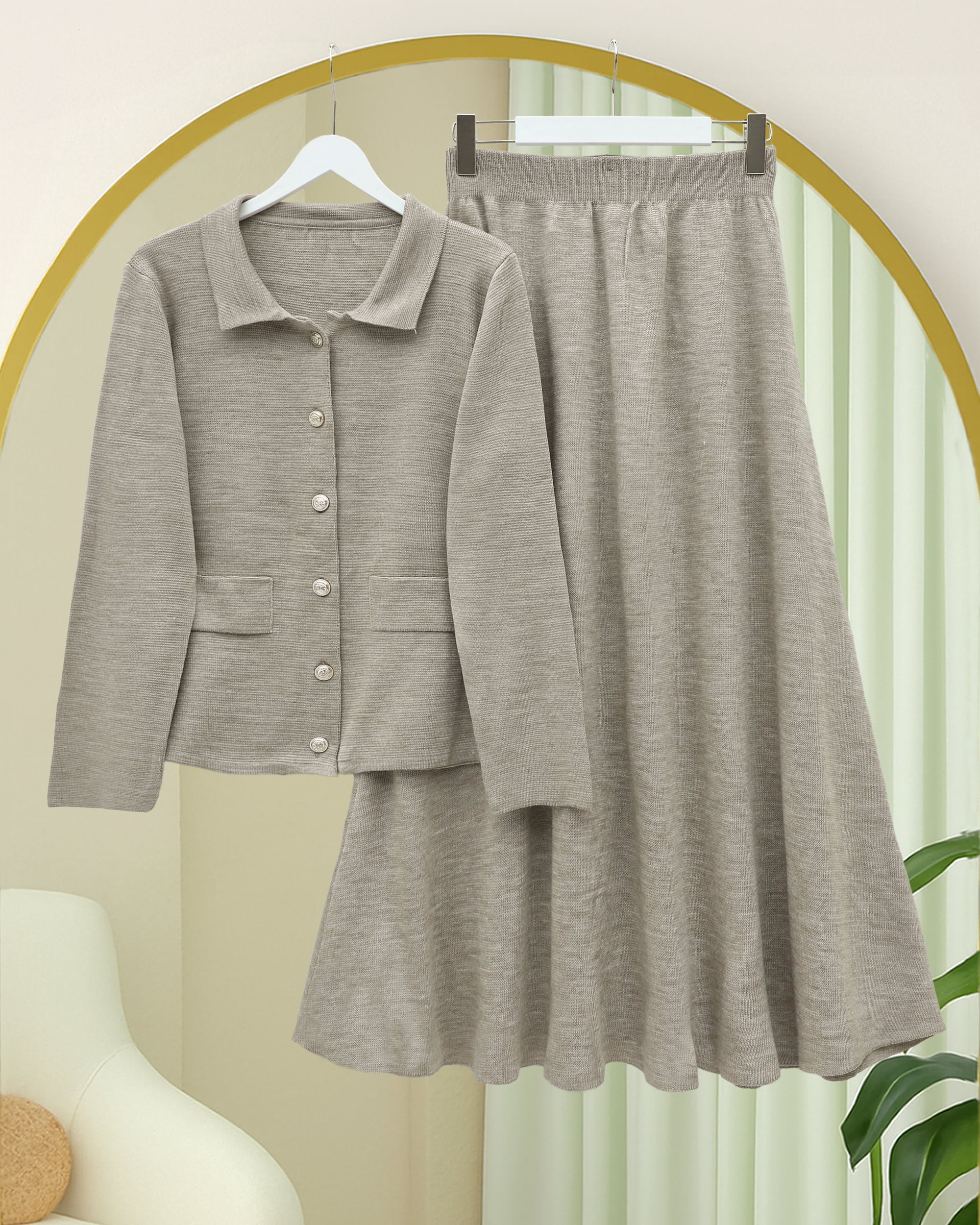 Front Button Collared Knit Skirt Set - Earth - Podyumplus - by Peralane - photo 2