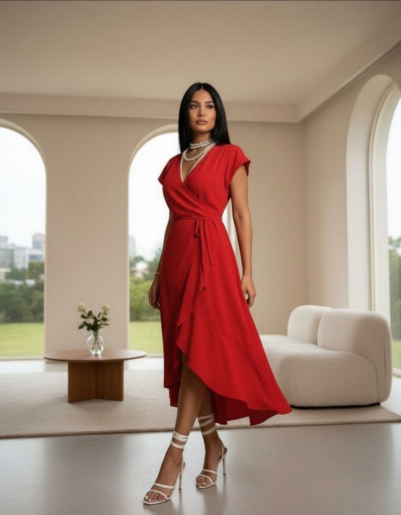 Women's Short-Sleeve Wrap Midi Dress with Tie Waist - Janes - by Peralane - photo 2