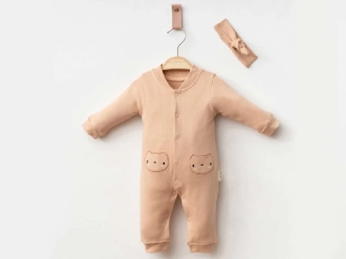 Baby Romper and Headband Set with Cat Embroidery - Beige - Pookie - by Peralane