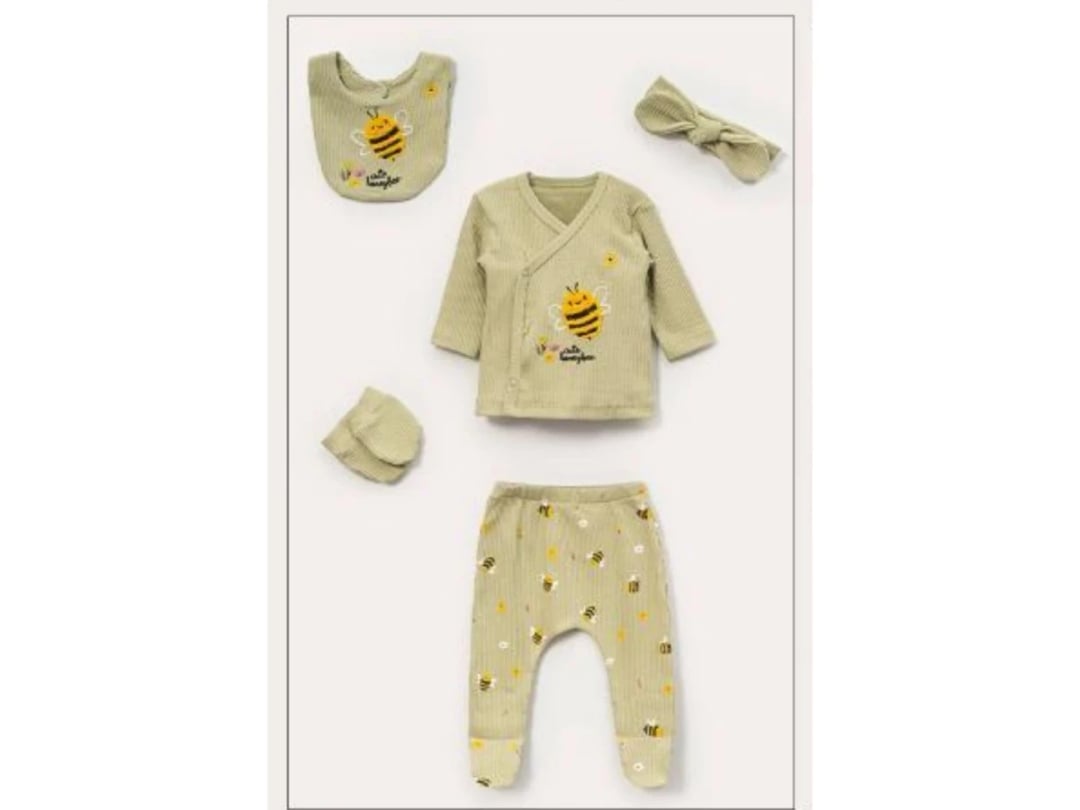 Bee Print Newborn Baby 5-Piece Set - Green - Vovido - by Peralane