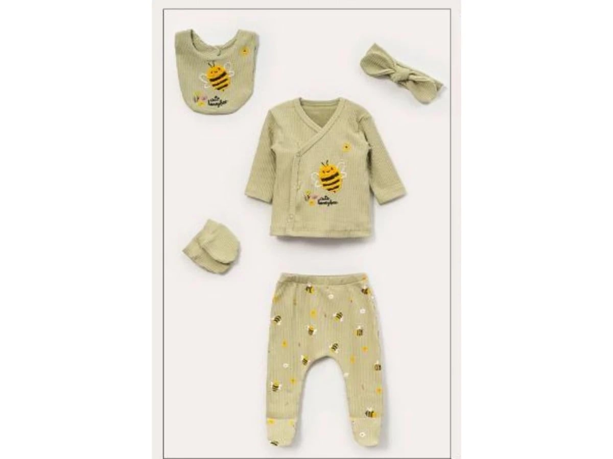 Bee Print Newborn Baby 5-Piece Set - Green - Vovido - by Peralane