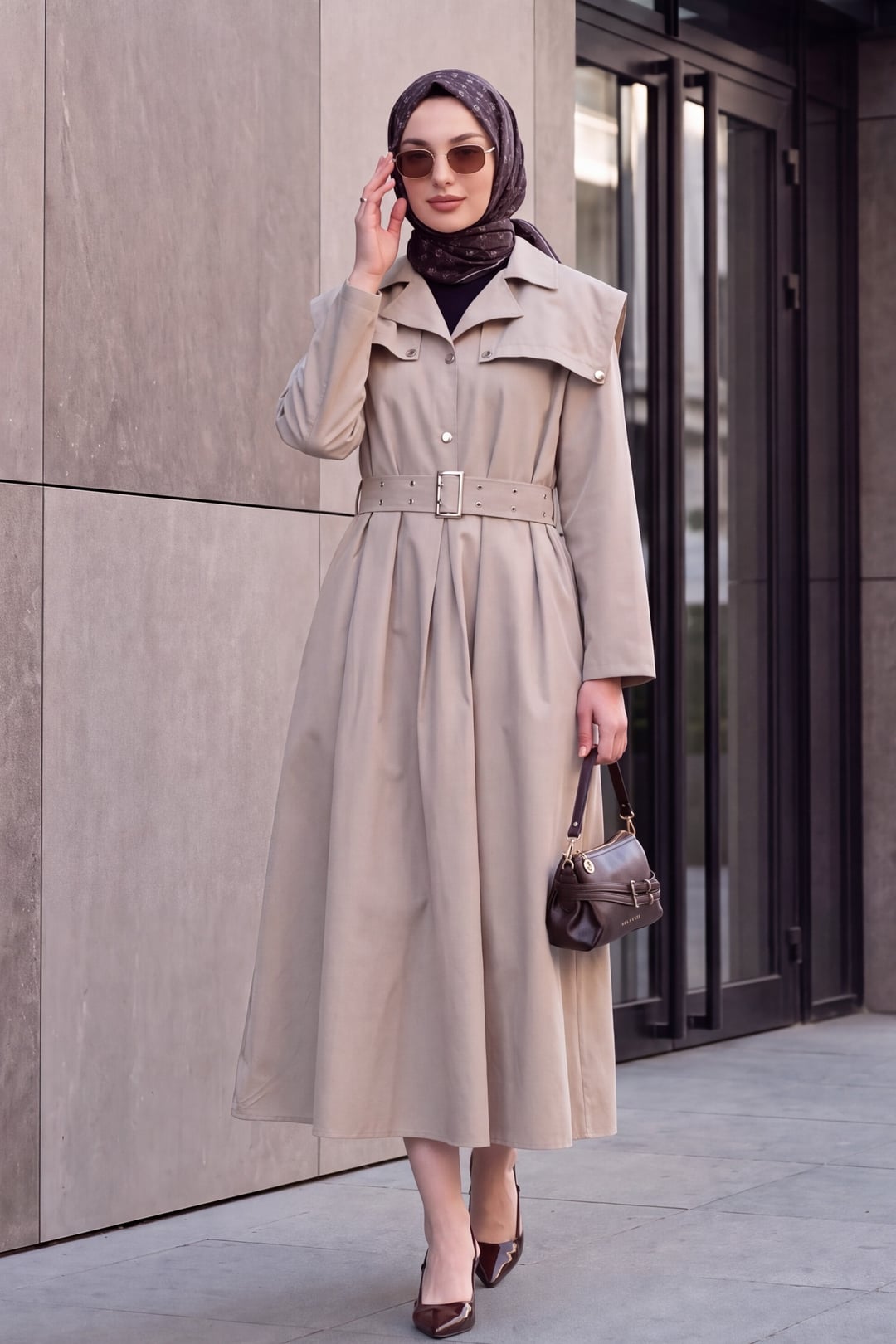 Half-Button Collared Side-Pocket Belted Cotton Satin Dress - Stone - Podyumplus - by Peralane - photo 3