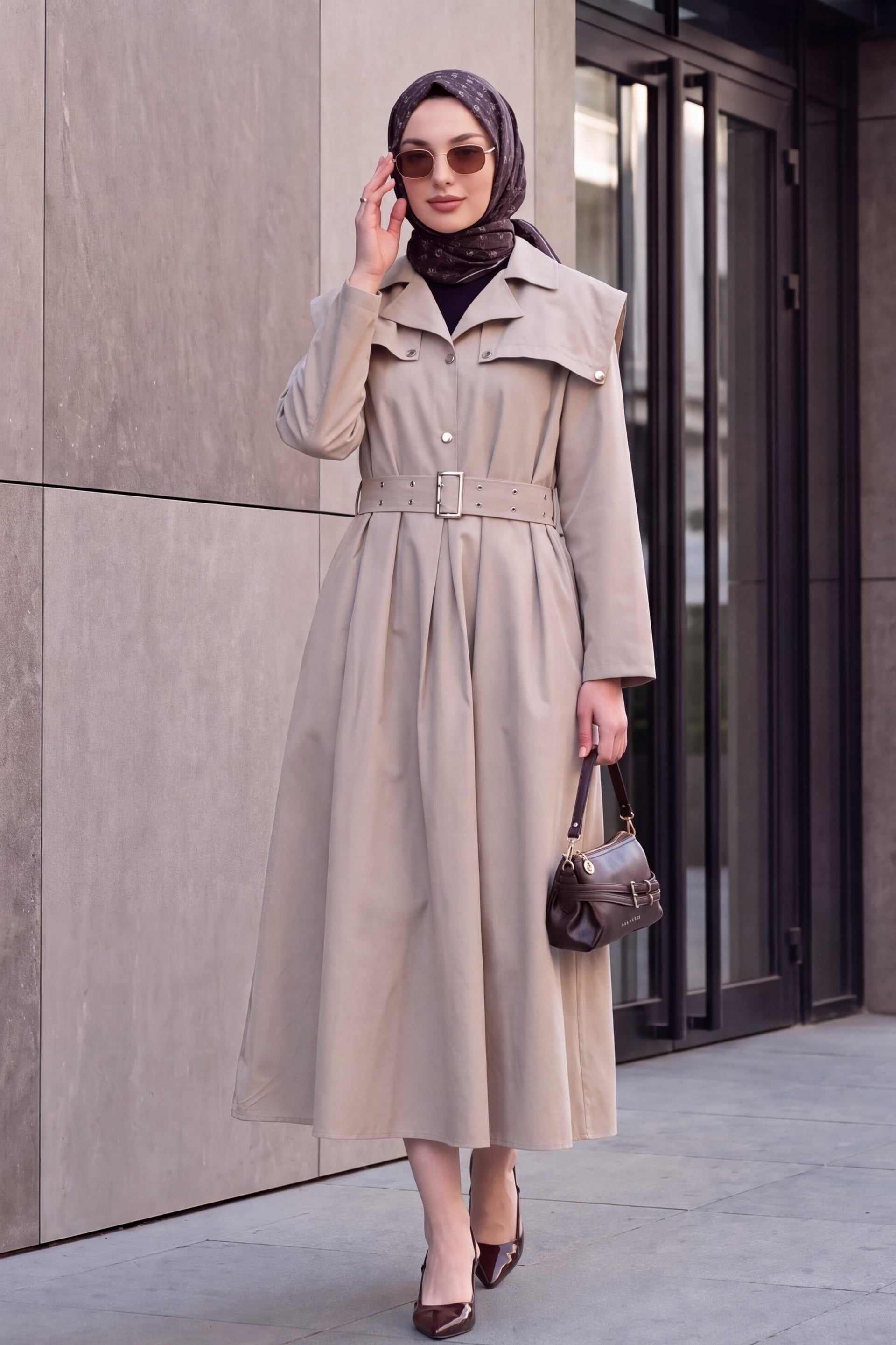 Half-Button Collared Side-Pocket Belted Cotton Satin Dress - Stone - Podyumplus - by Peralane - photo 3