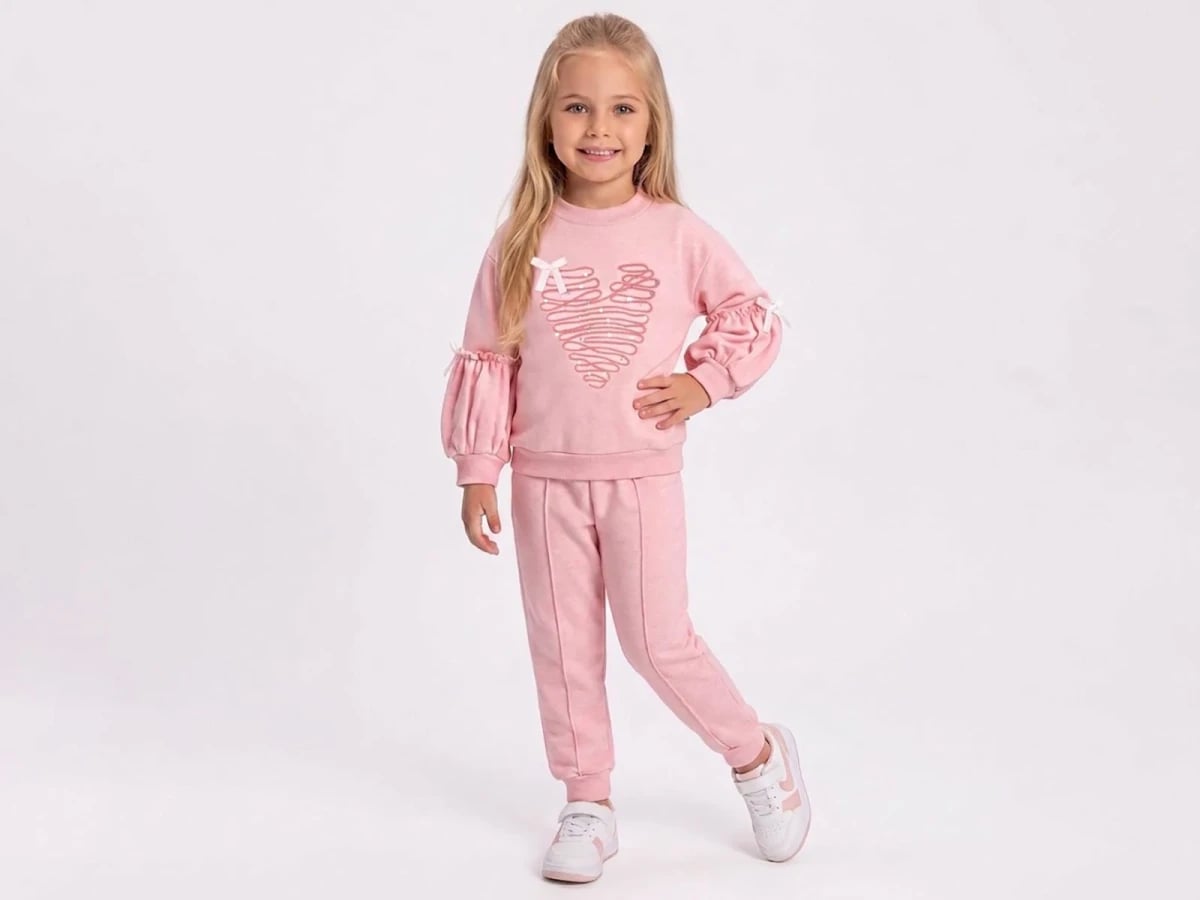 Girls' Pink Heart Embroidery Sweatshirt and Trousers Set - Feely Kids - by Peralane