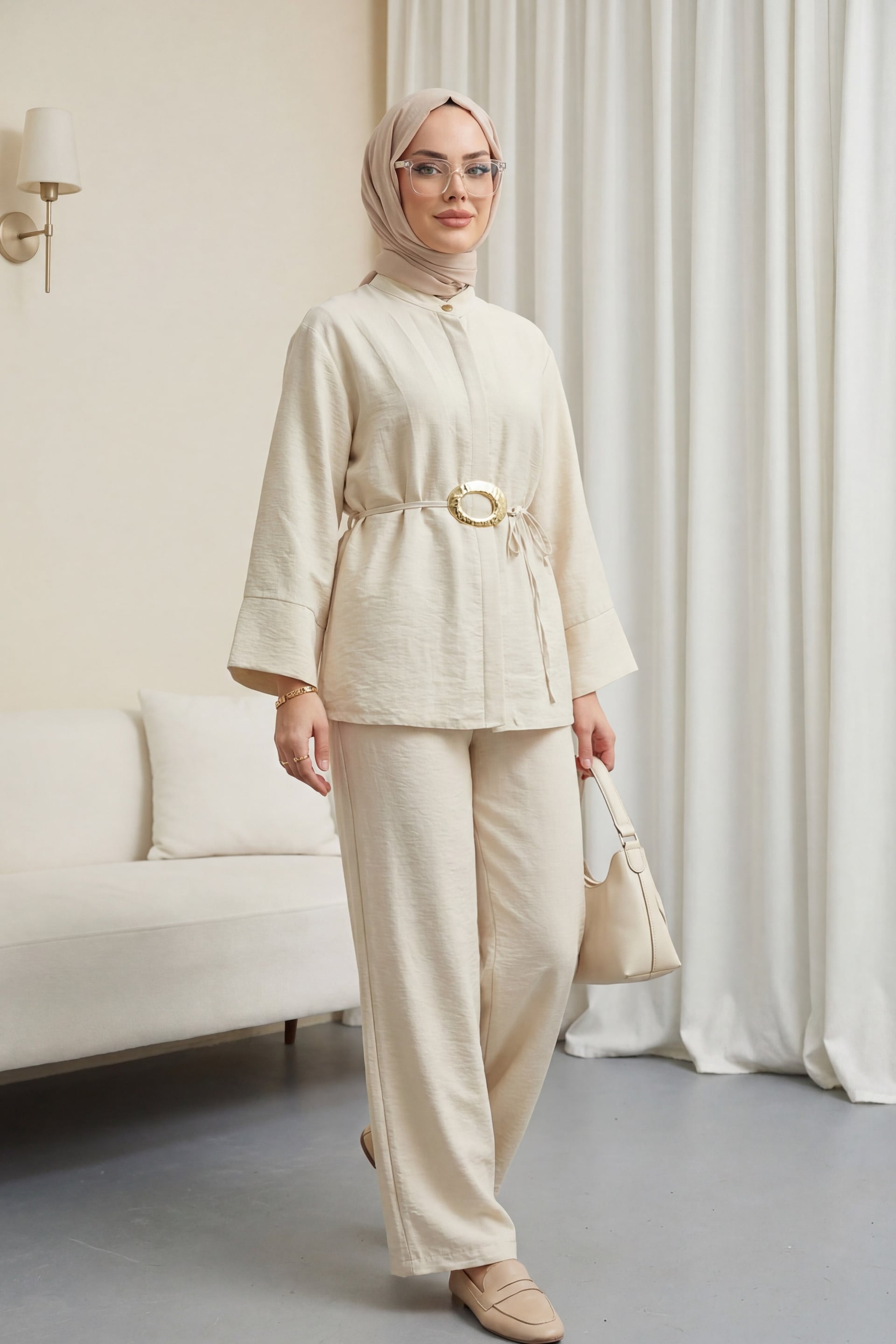 Beige Belted Half-Button Wide-Leg Trousers Set - Podyumplus - by Peralane