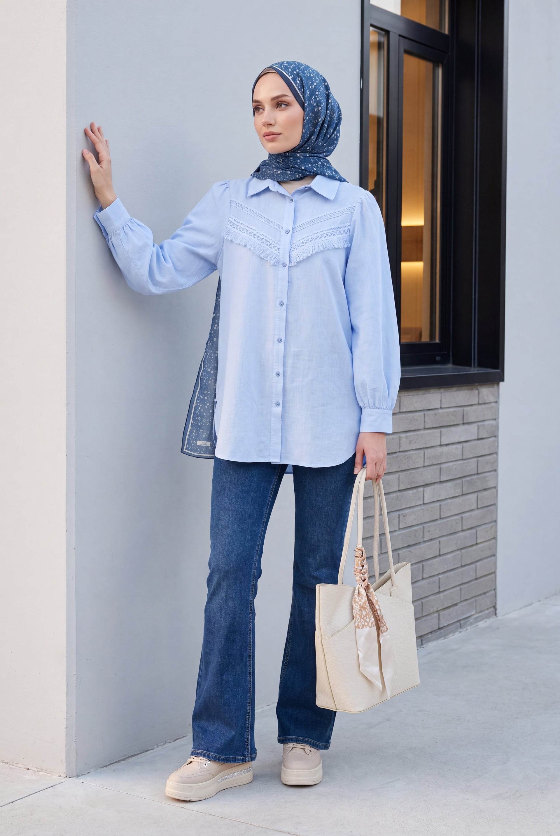 Light Blue Puff Sleeve Tunic with Lace Details - Podyumplus - by Peralane - photo 3