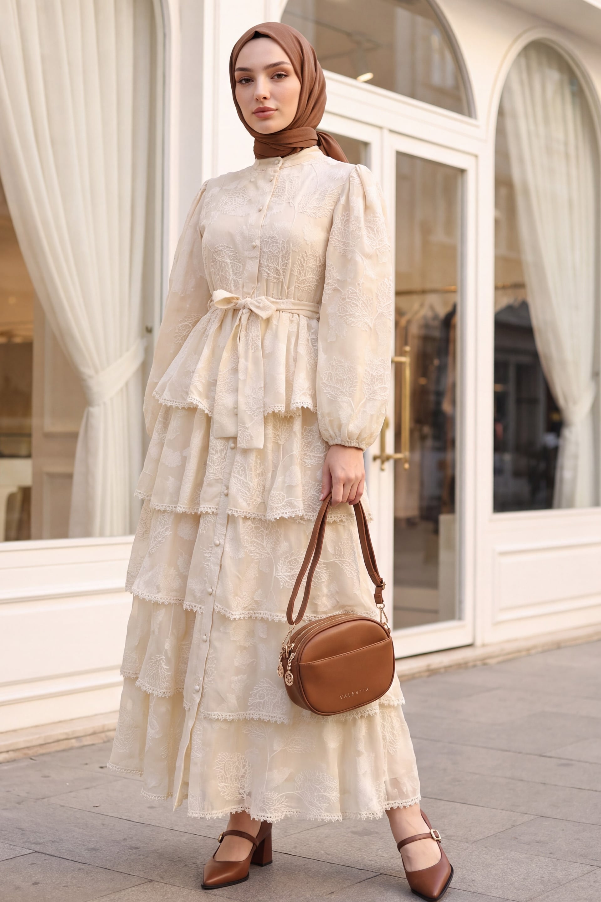 Beige Belted Lined Tiered Ruffled Print Chiffon Dress with Long Sleeves - Podyumplus - by Peralane - photo 2