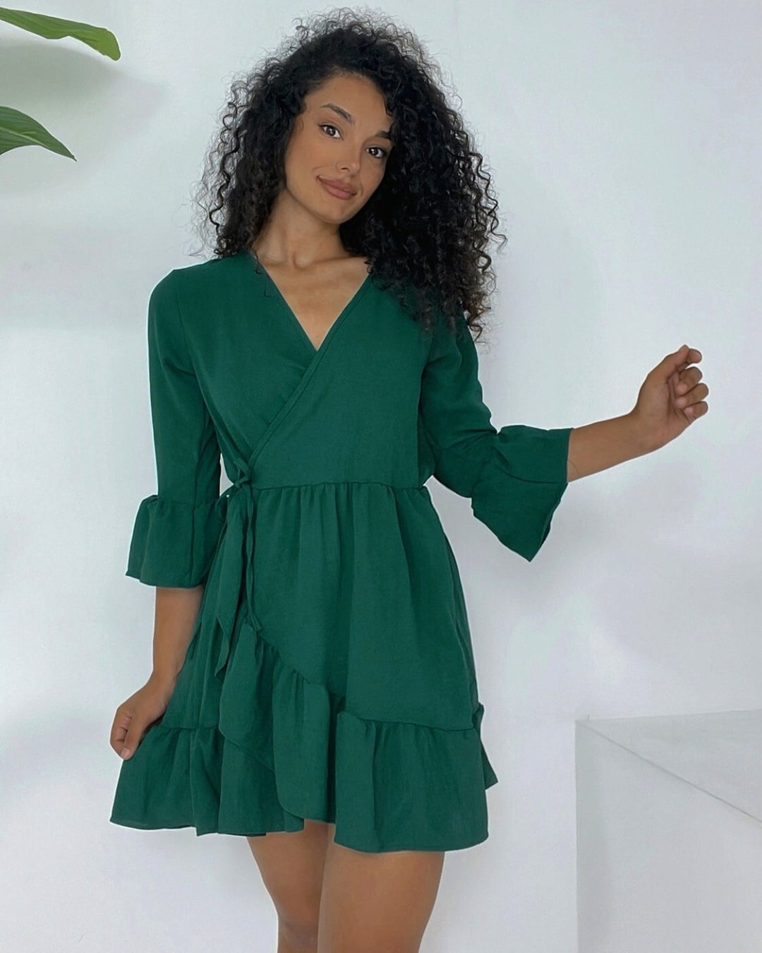 Dark Green Wrap Dress with Ruffled Hem and Sleeves - Podyumplus - by Peralane - photo 2