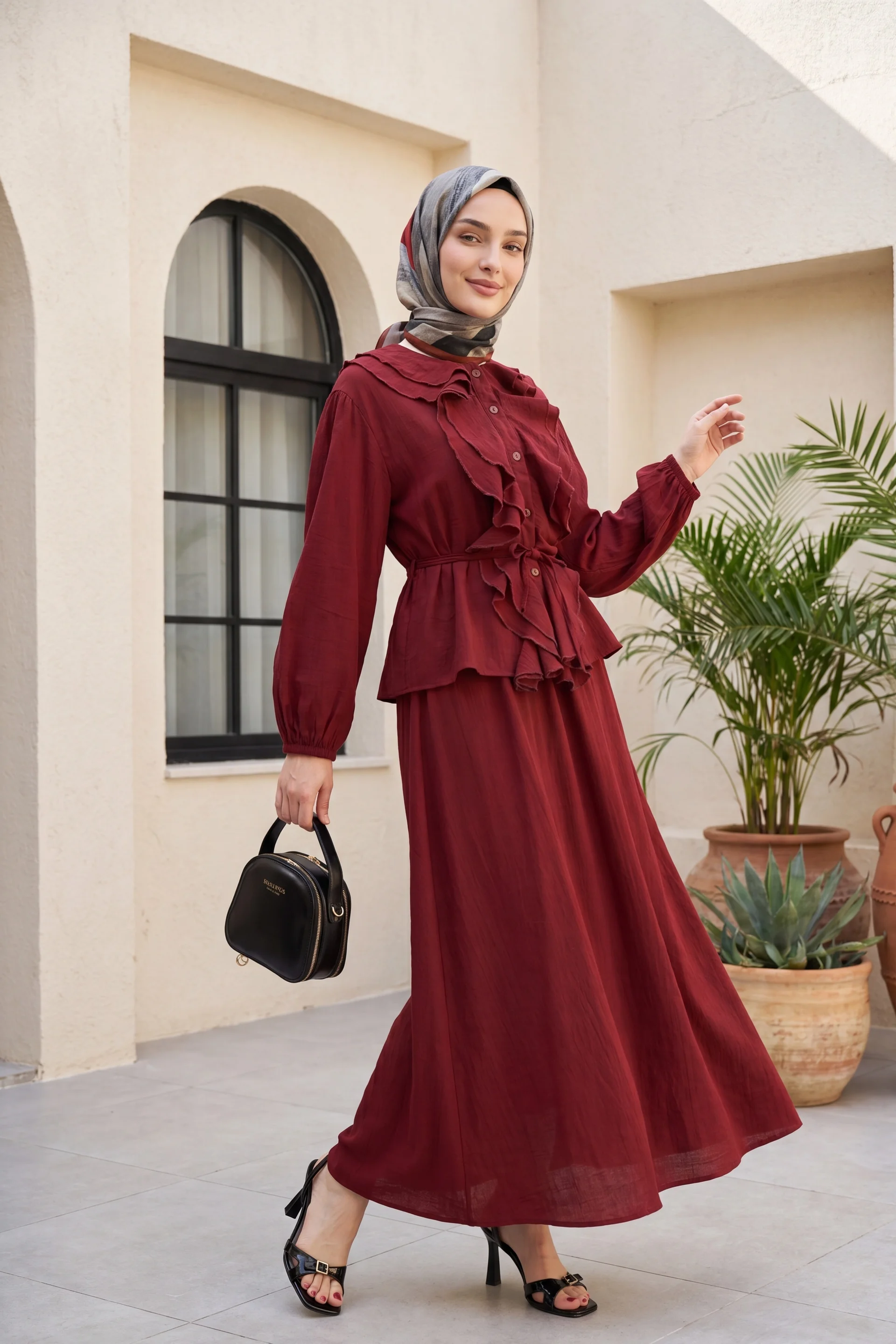 Women's Burgundy Ruffled Front Long-Sleeve Dress with Tie Waist and Flared Skirt - Podyumplus - by Peralane - photo 2