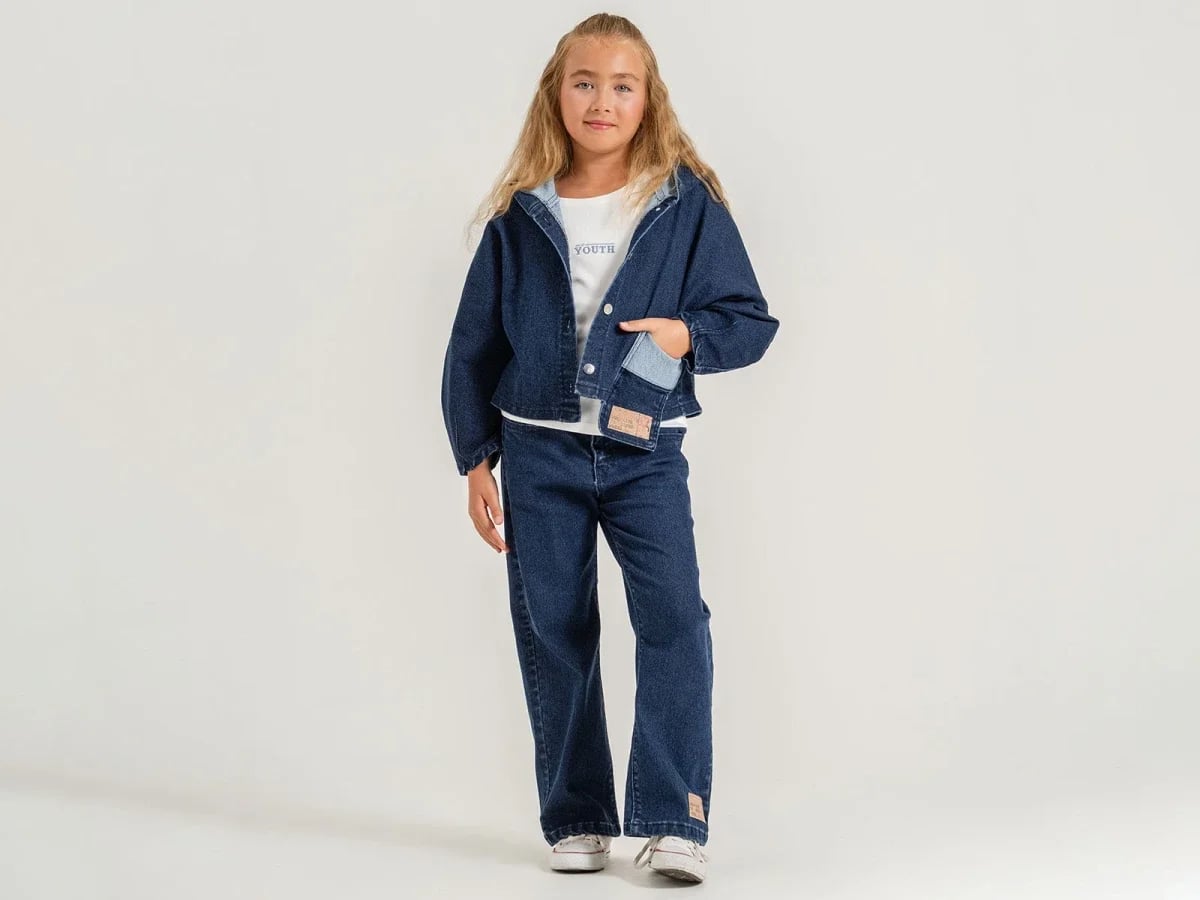 Girls' Denim Jacket and Jeans 3-Piece Set, Dark Blue - Pampal Kids - by Peralane