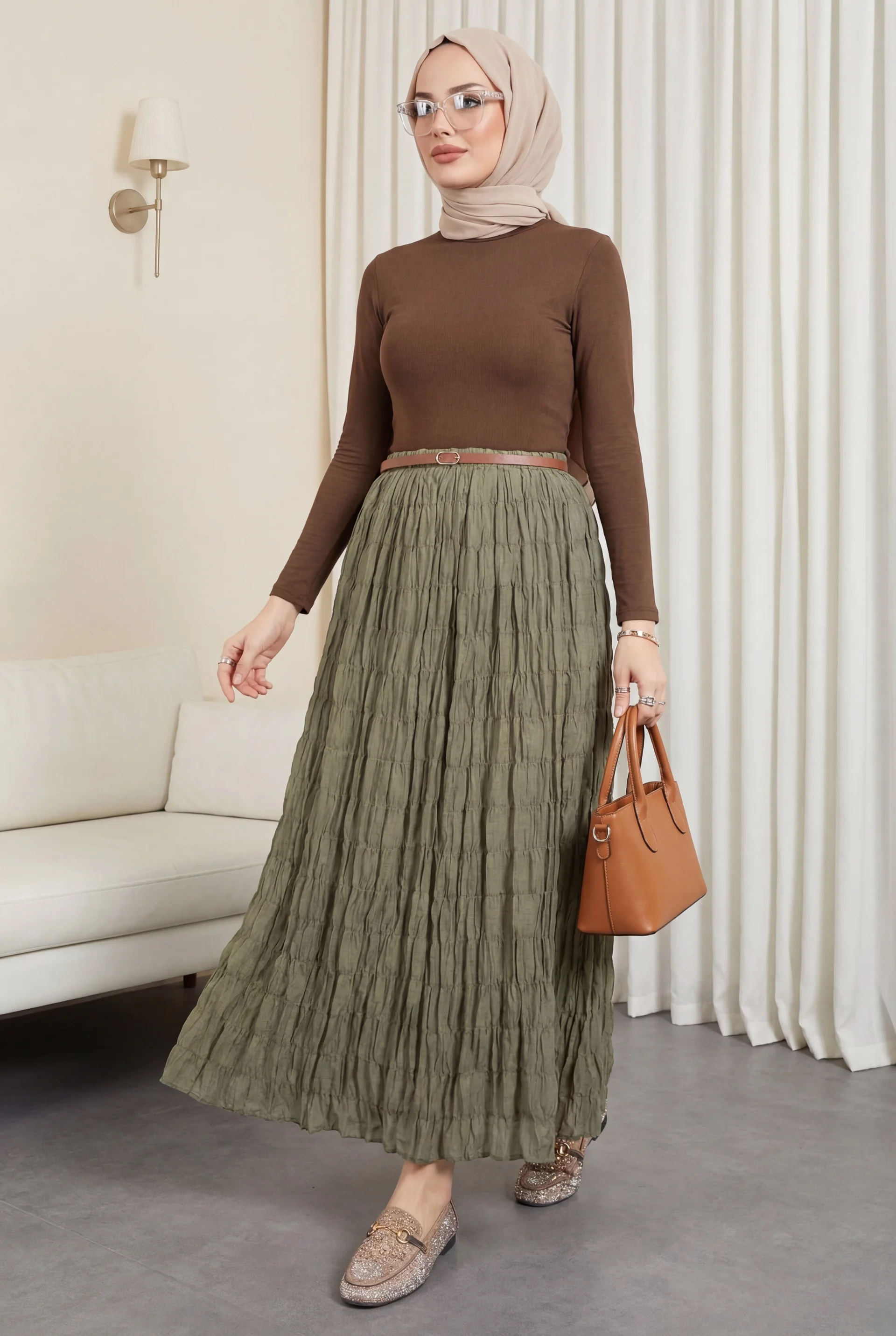 Lined Ruched Waist Modal Skirt - Olive Green - Podyumplus - by Peralane