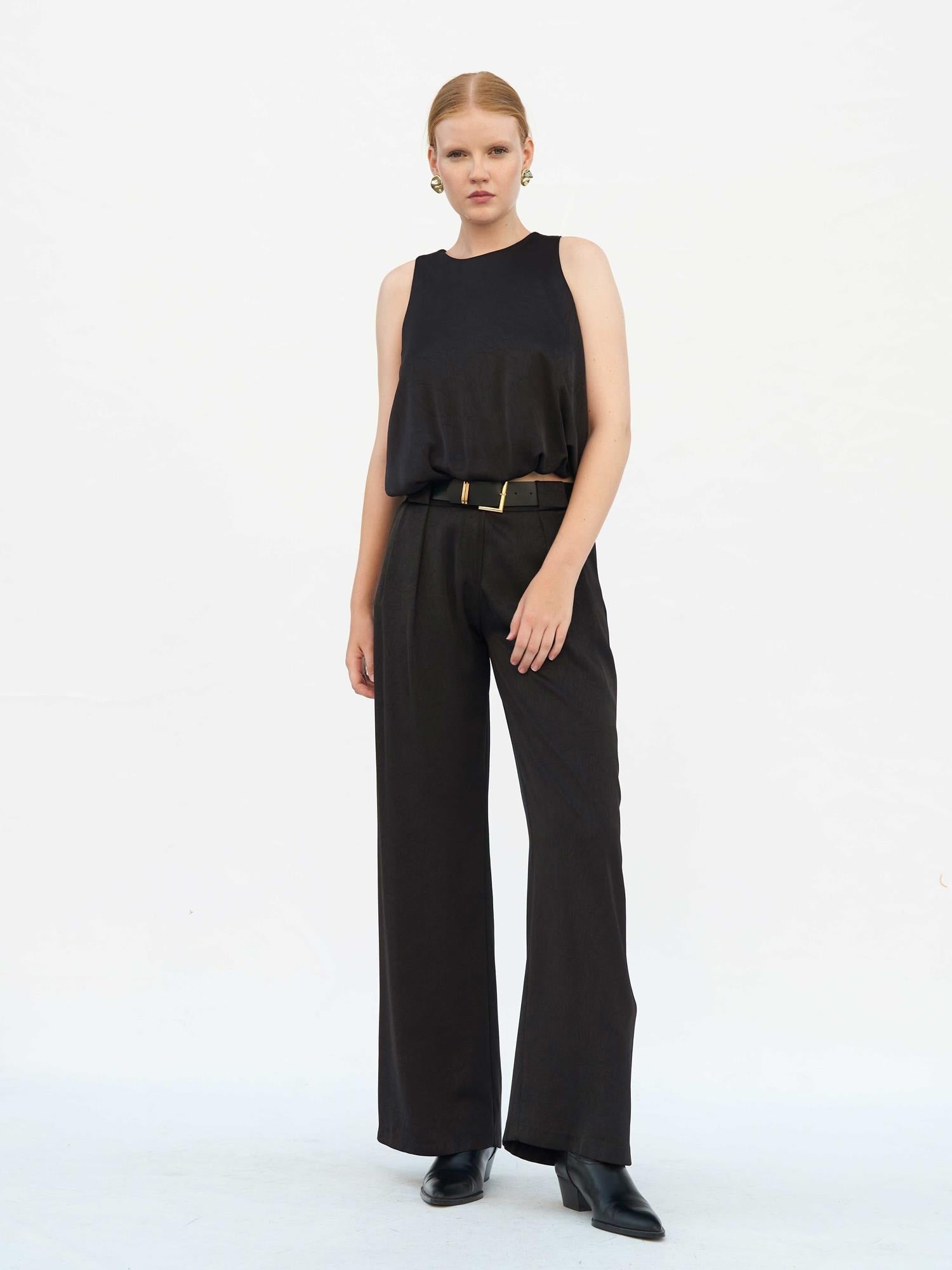 Black Satin Belted Wide-Leg Trousers - Lefon - by Peralane - photo 5