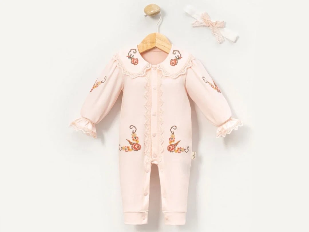 Embroidered Floral Baby Girl Romper with Peter Pan Collar - Powder Pink - Cayzen - by Peralane