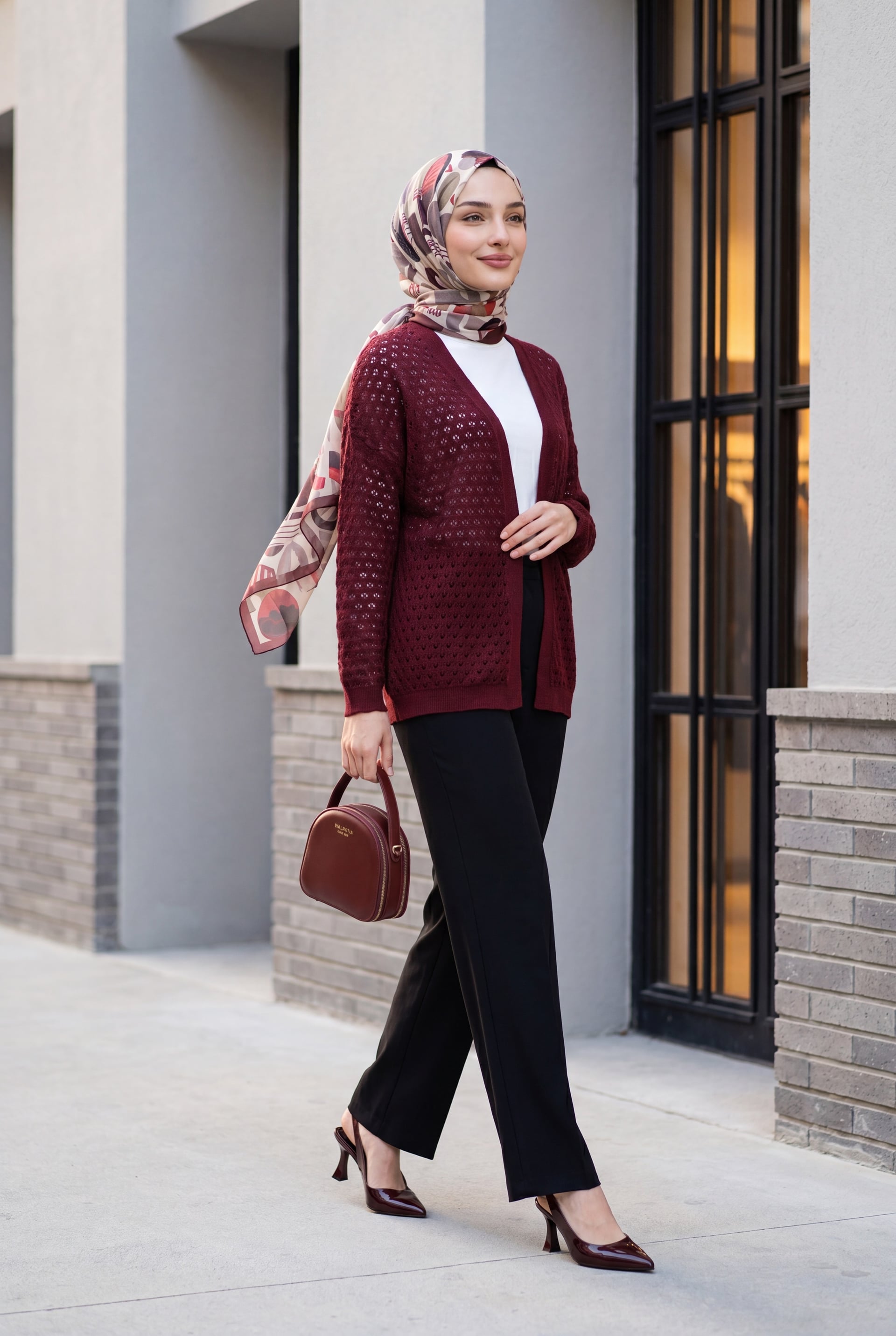 Burgundy Open-Knit Loose Fit Cardigan - Podyumplus - by Peralane - photo 4
