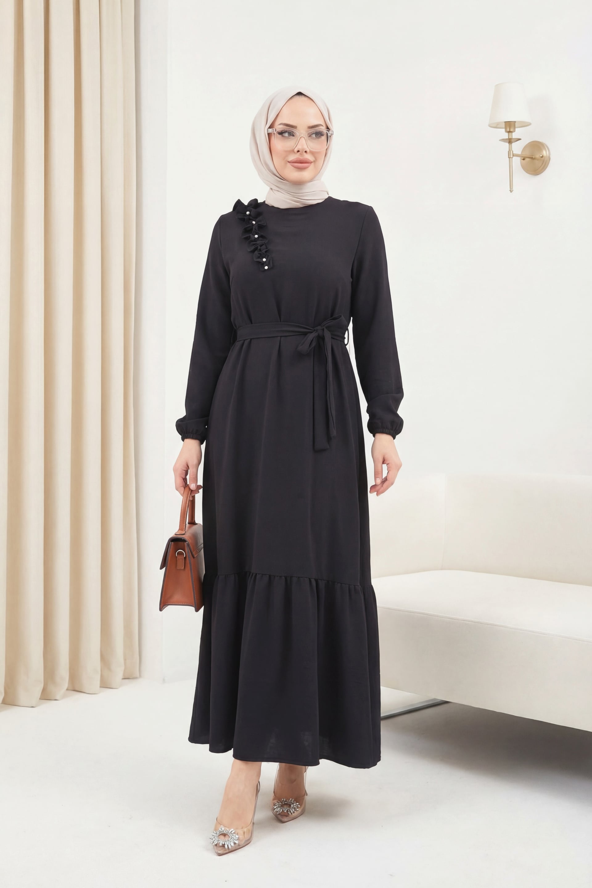 Ruffled Pearl Embellished Tiered Black Dress with Belt - Podyumplus - by Peralane - photo 3