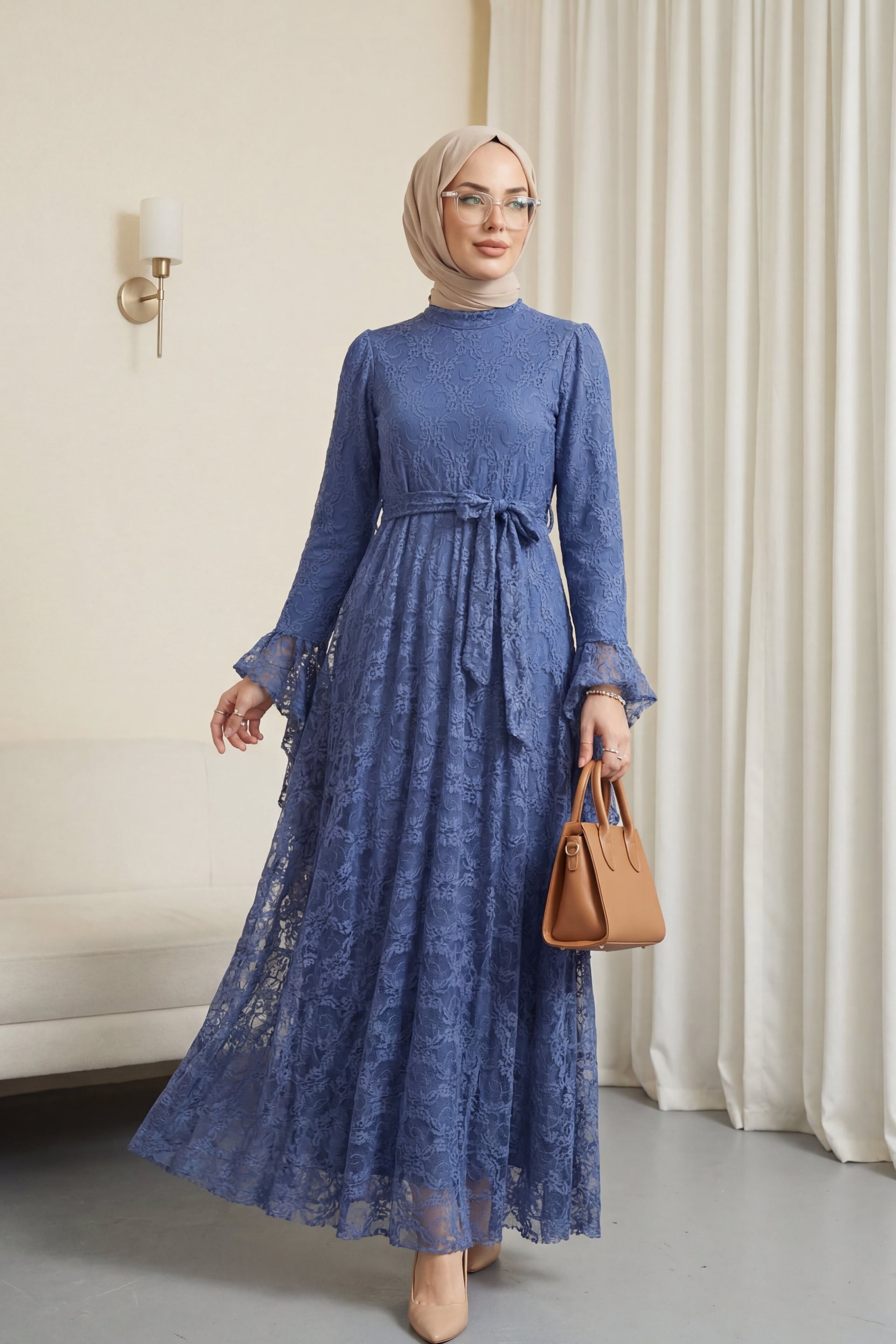 Floral Lace Long Dress with Belt - Indigo - Podyumplus - by Peralane