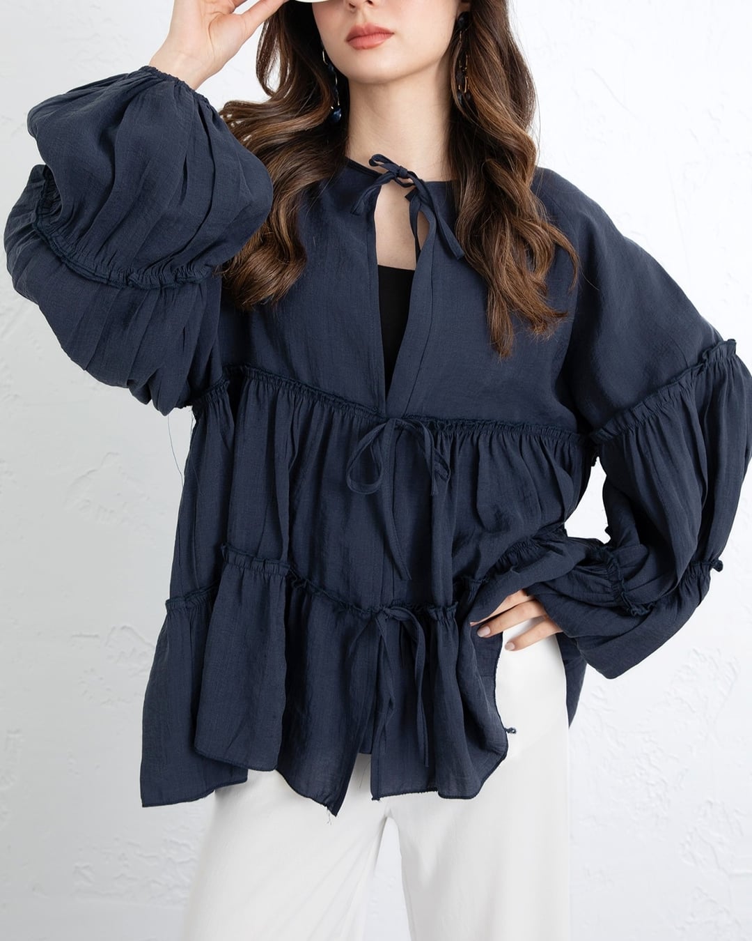 Navy Blue Tie-Front Layered Modal Tunic - Podyumplus - by Peralane - photo 4