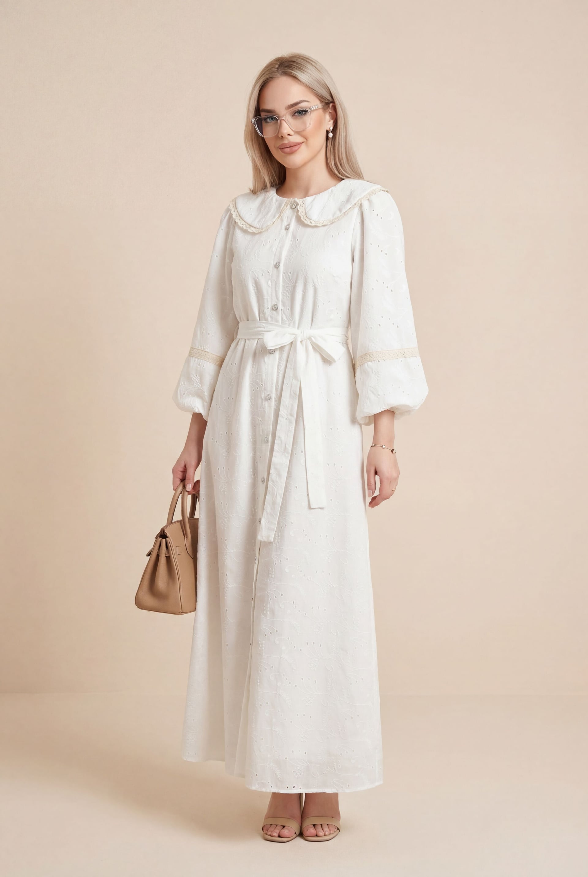 White Linen-Look Modest Dress with Peter Pan Collar and Belt - Podyumplus - by Peralane - photo 3