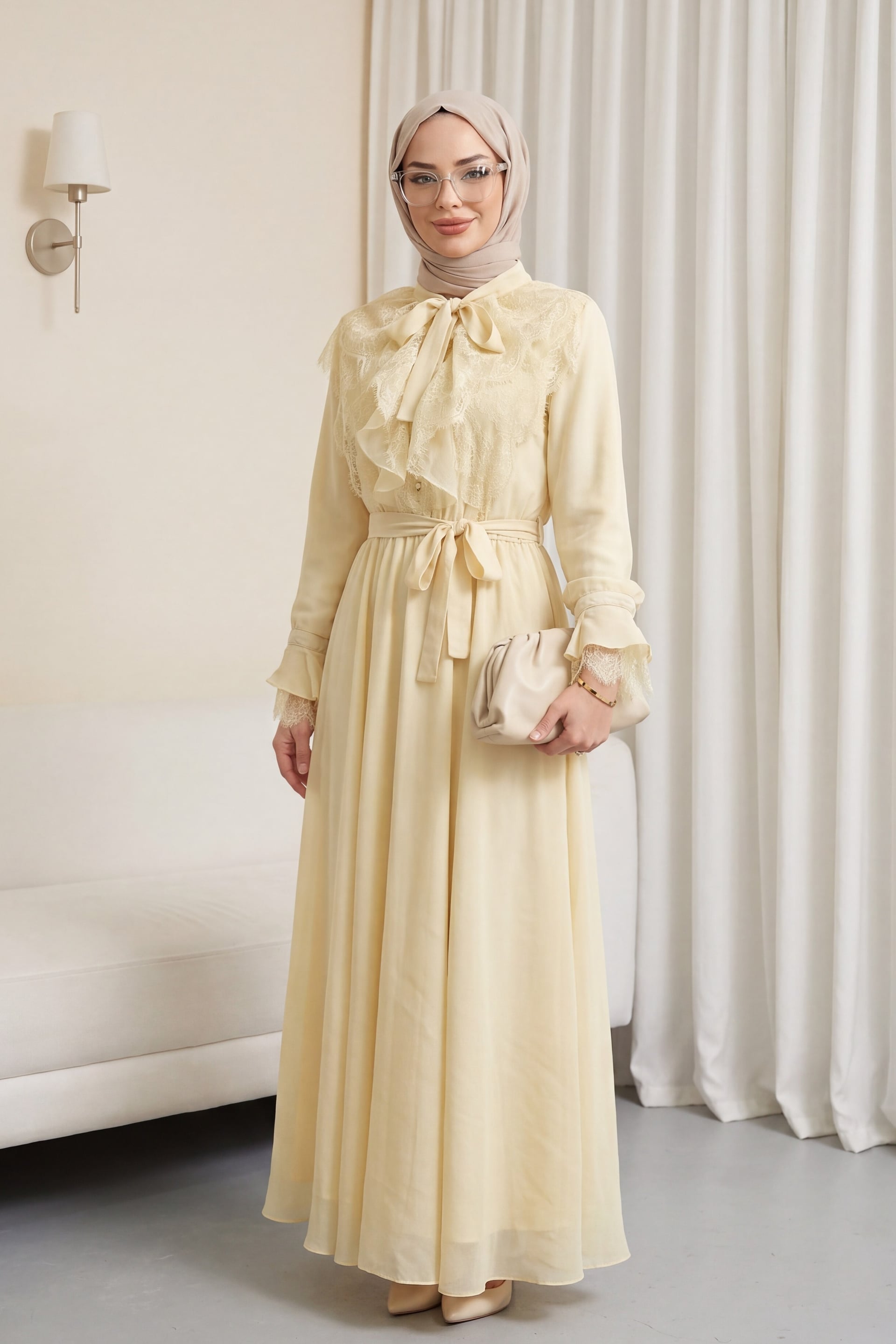 Belted Wrap Tie Ruffle Trimmed Half Button Long Dress - Light Yellow - Podyumplus - by Peralane