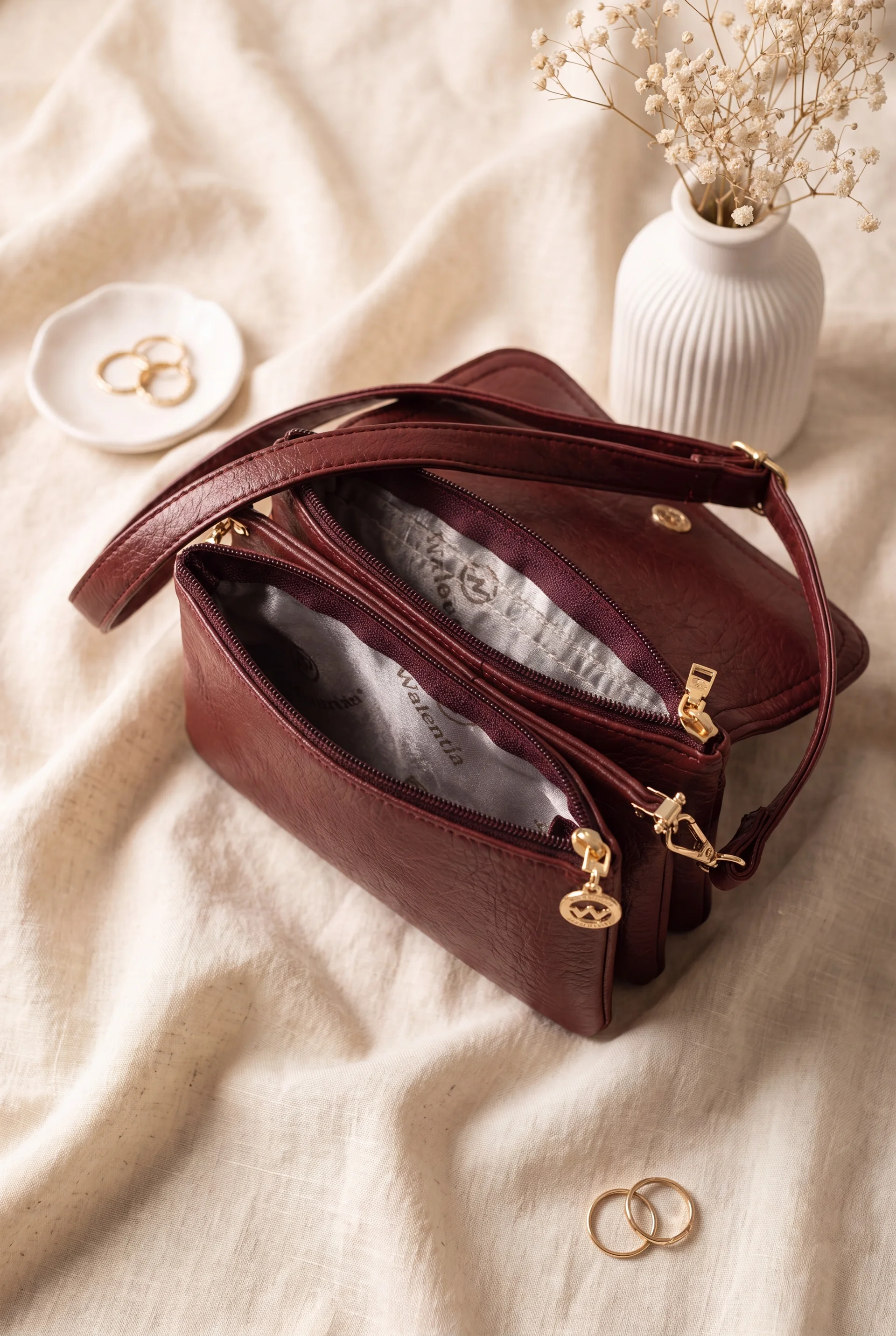 Women's Burgundy Faux Leather Crossbody Bag with Two Compartments - Podyumplus - by Peralane - photo 2