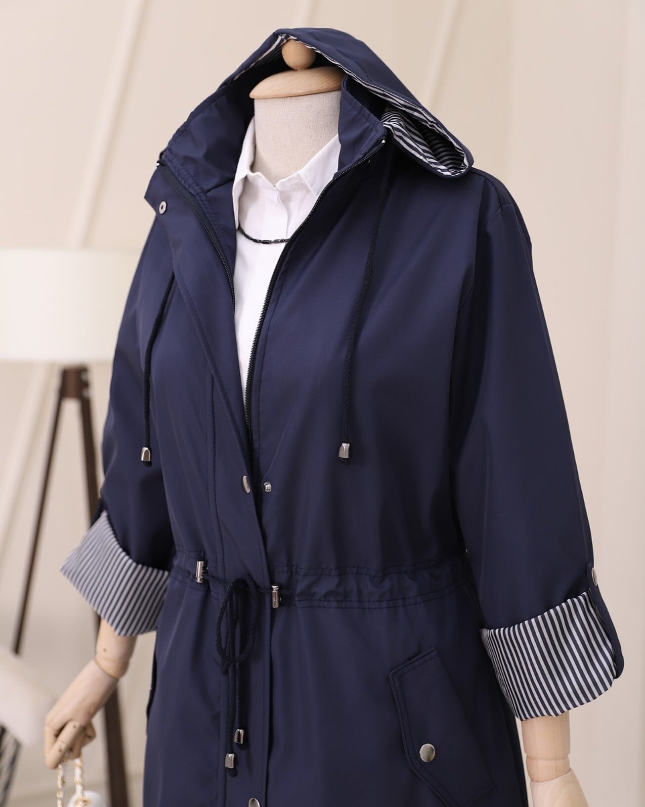 Navy Blue Hooded Trench Coat with Drawstring Waist - Podyumplus - by Peralane - photo 7